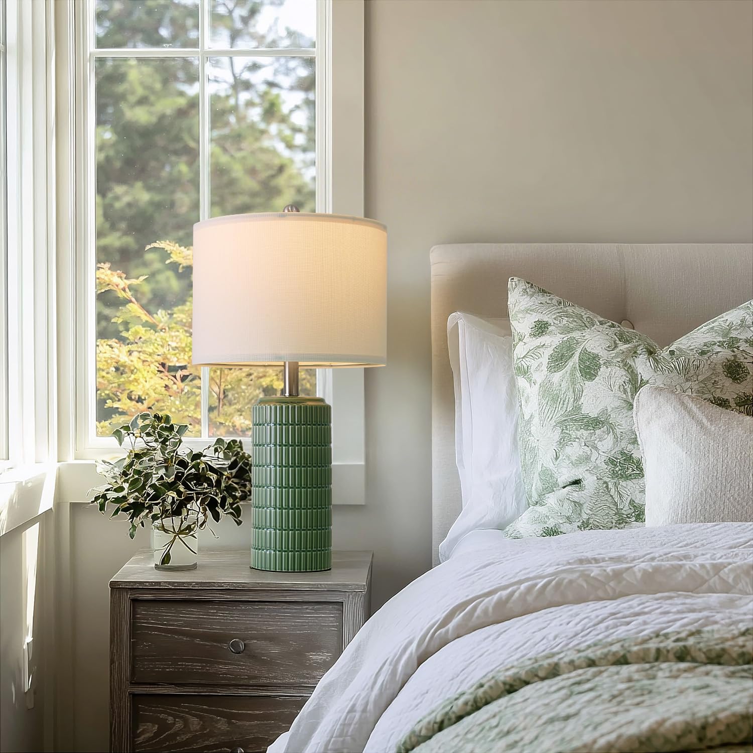 PoKat 23" Dark Green Ceramic Table Lamps Set of 2 - Modern Farmhouse Nightstand Decor, Medium Size, AMZ-T1102GN