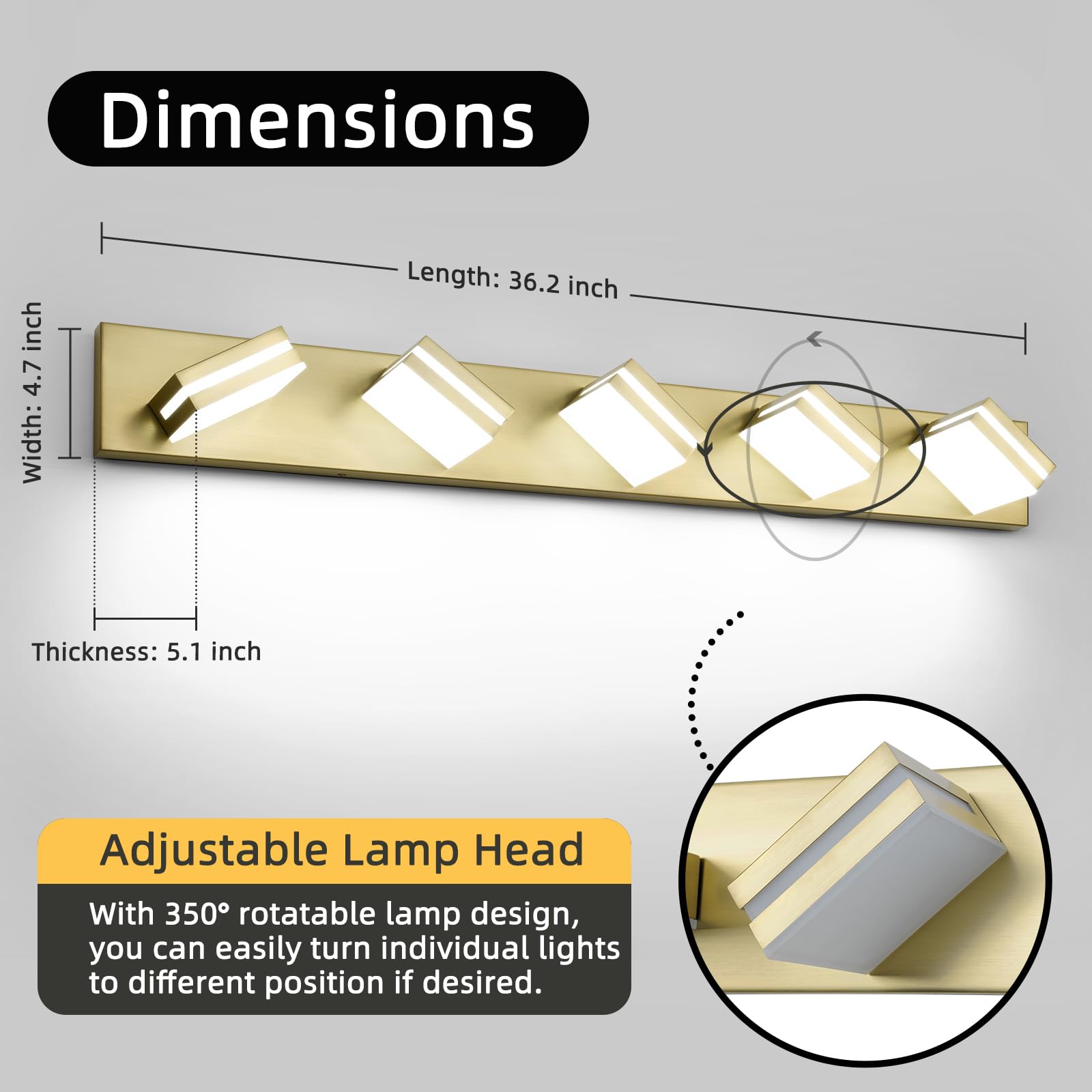 OKELI 5-Light Bathroom Vanity Light Dimmable LED 32W 36.2 Inch Gold Modern Over Mirror, Model OK-9553-5T-GL