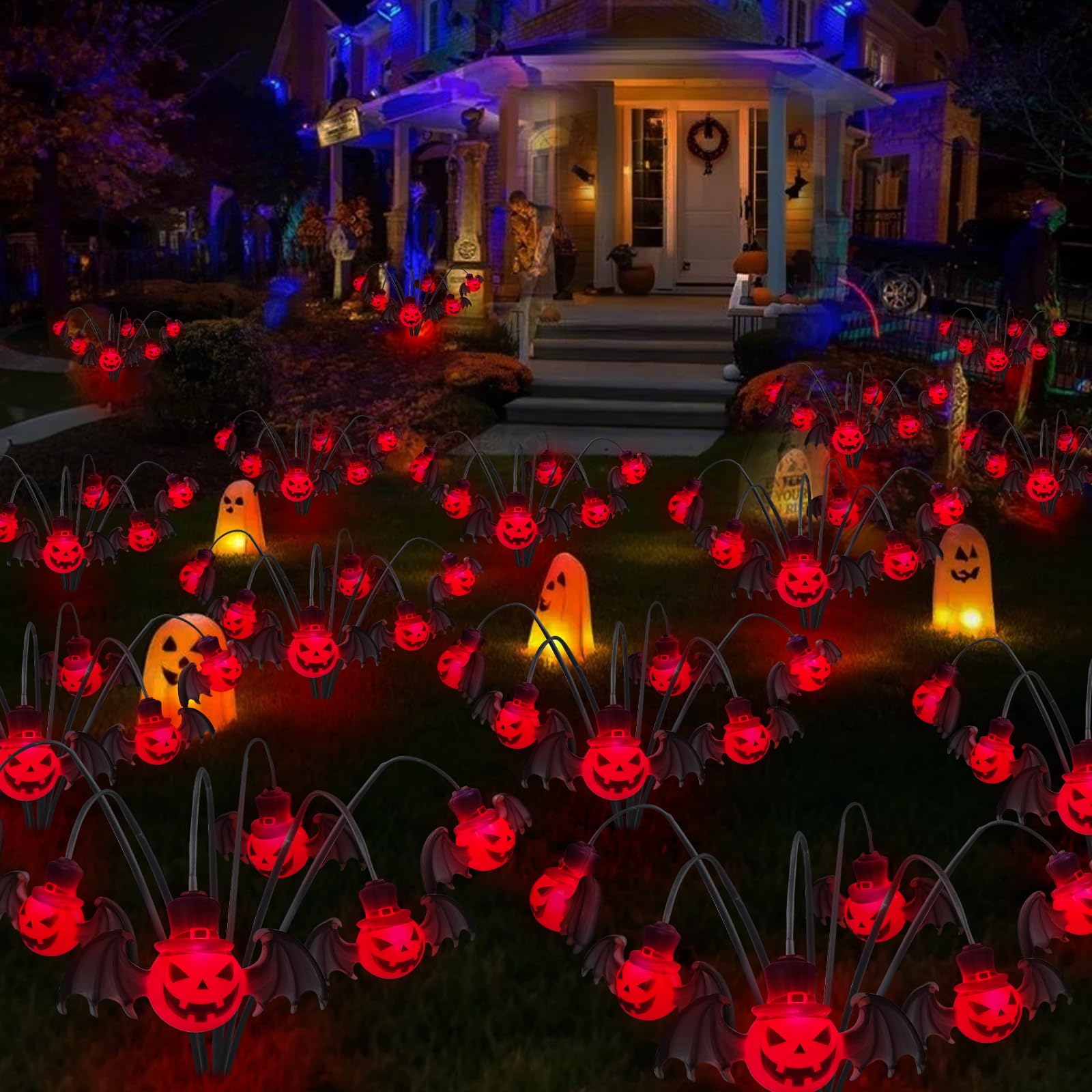 2Packs 12Led Halloween Decorations Solar Garden Lights Outdoor,3D Scary Red Bat&Pumpkin Swaying Firefly Lights For Spooky Hallow