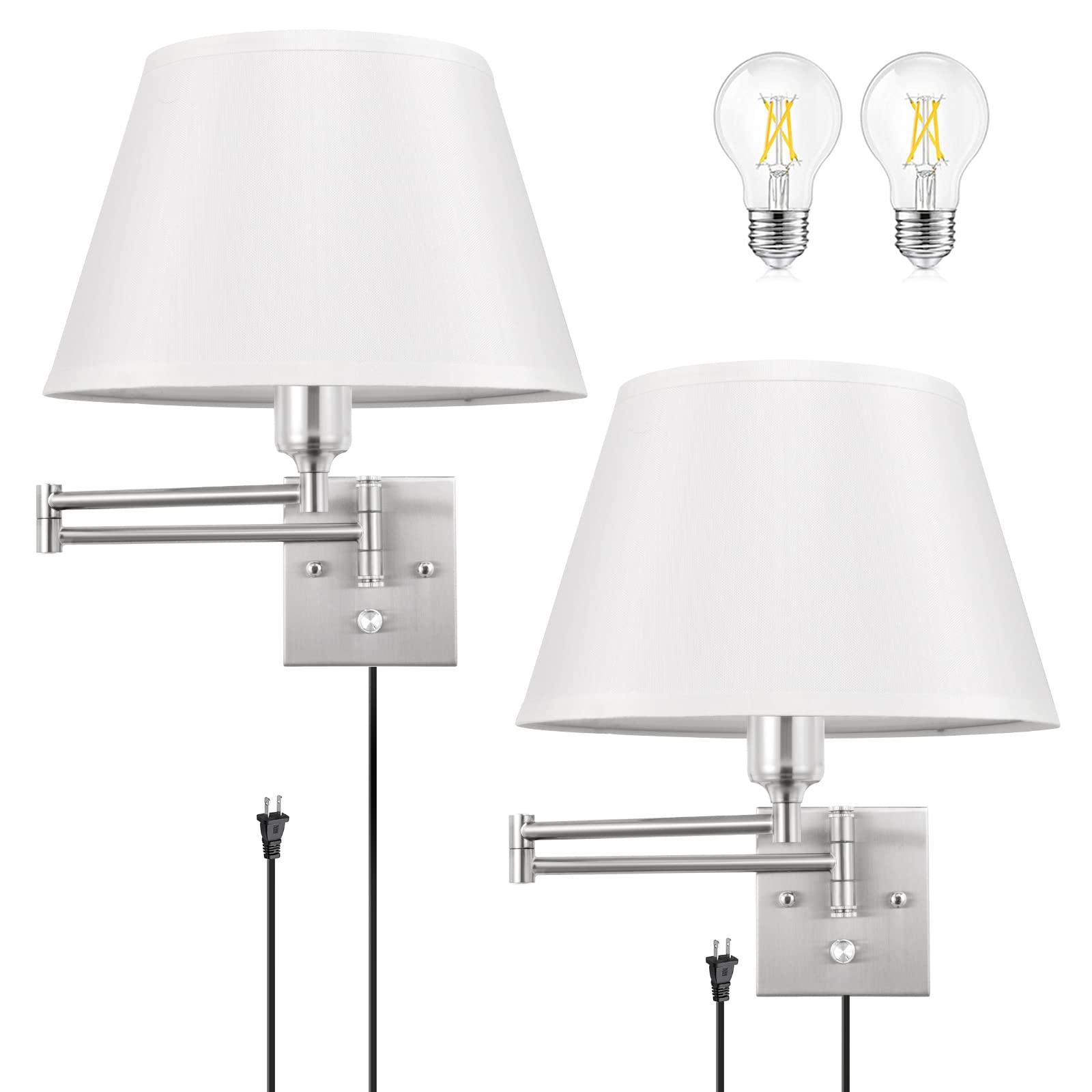 TRLIFE Dimmable Wall Sconce Set of 2, Brushed Nickel, 11.8" Large White Fabric Shade, Plug-in with Rotary Dimmer, Model BYsconce-Whi