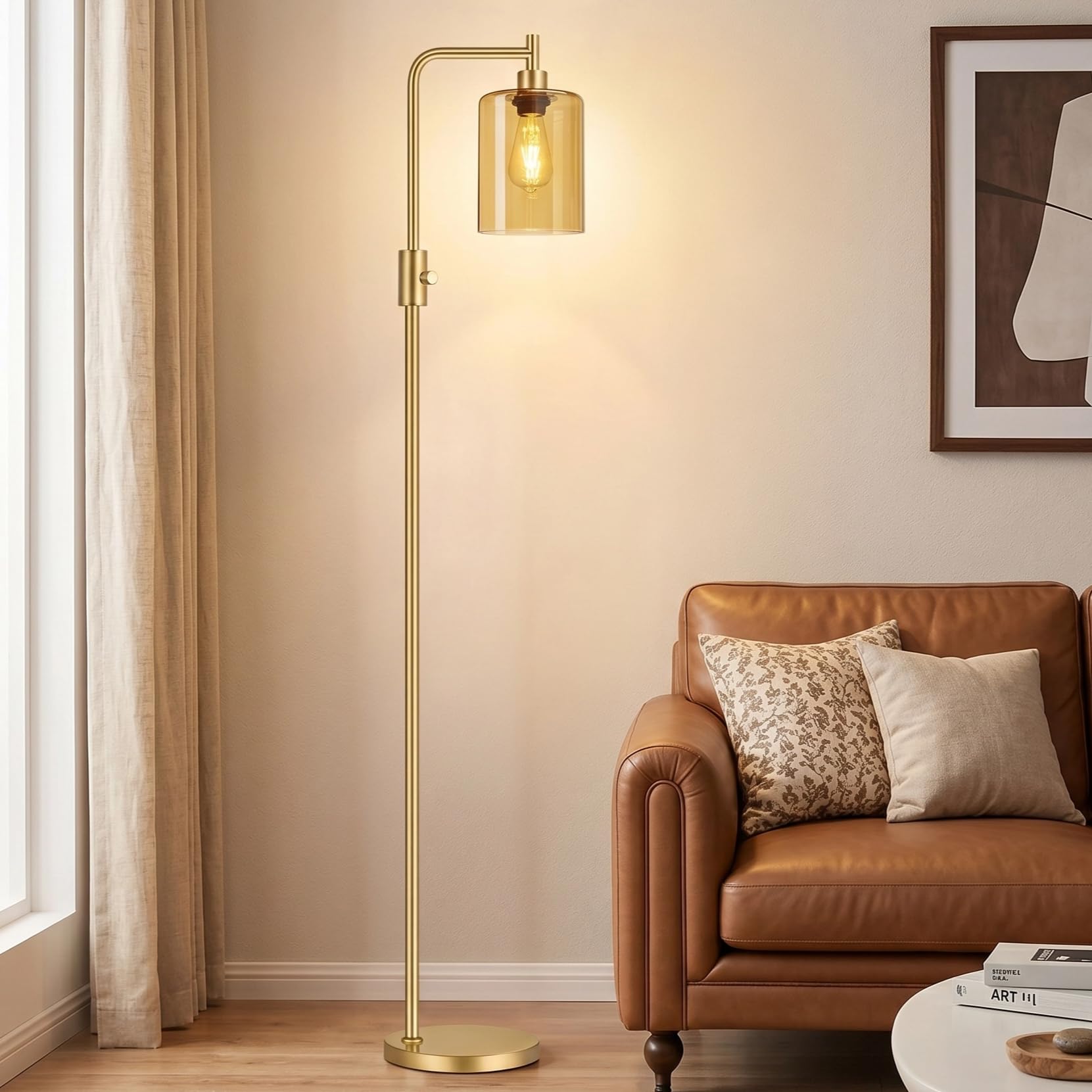?Upgraded?Gold Dimmable Floor Lamp for Living Room with Amber Glass Lampshade, Glass Modern Floor Lamp with 900LM Bulb Included,