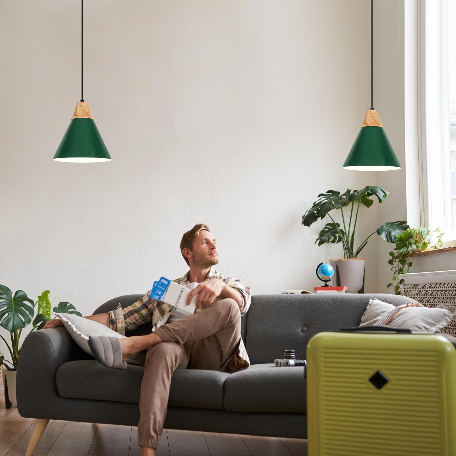 Sesiment Plug In Pendant Light, 2 Pack 9.4Inch Hanging Lights With Plug In Cord 14.7 Ft, Green Pendant Light Plug In, Hanging Pe