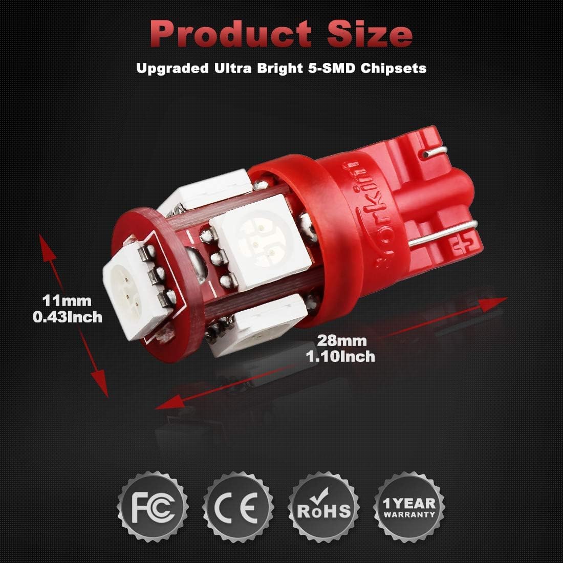 Yorkim T10 194 LED Bulbs Red Super Bright, Pack of 20 for Car Interior Dome License Plate Map Door Courtesy Lights