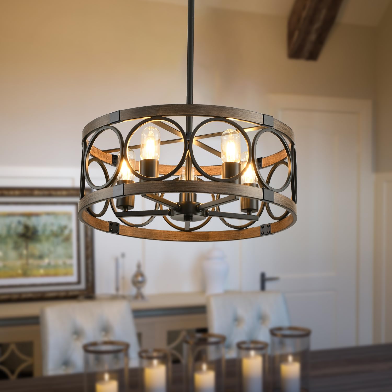 SHIANDAR 5-Light Flush Mount Ceiling Light Fixture, Black Rustic Farmhouse Chandelier, 19.7" Modern Pendant for Kitchen Lighting