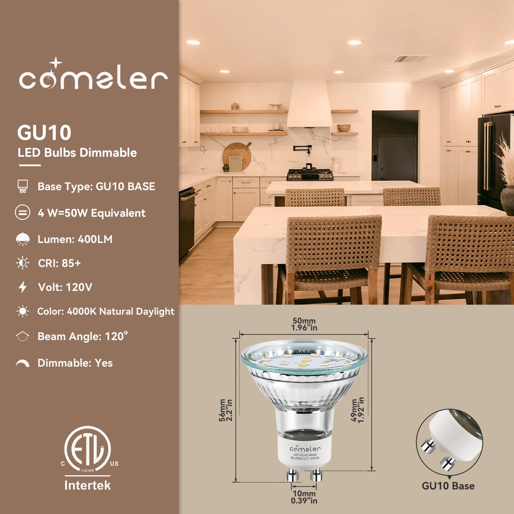 comzler GU10 LED Bulb 4W Dimmable 4000K Natural Daylight 120° Beam Angle ETL Listed 12 Pack Model CZ-GU10-40K-