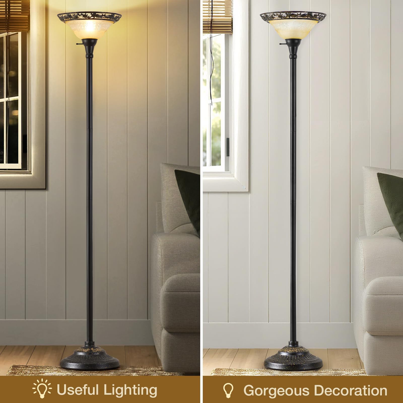 Luvkczc Torchiere Floor Lamp - 70" Victorian Metal Lamp with Etched Glass Shade, Black & Yellow, Model 31001 for Living Room/Bedroom