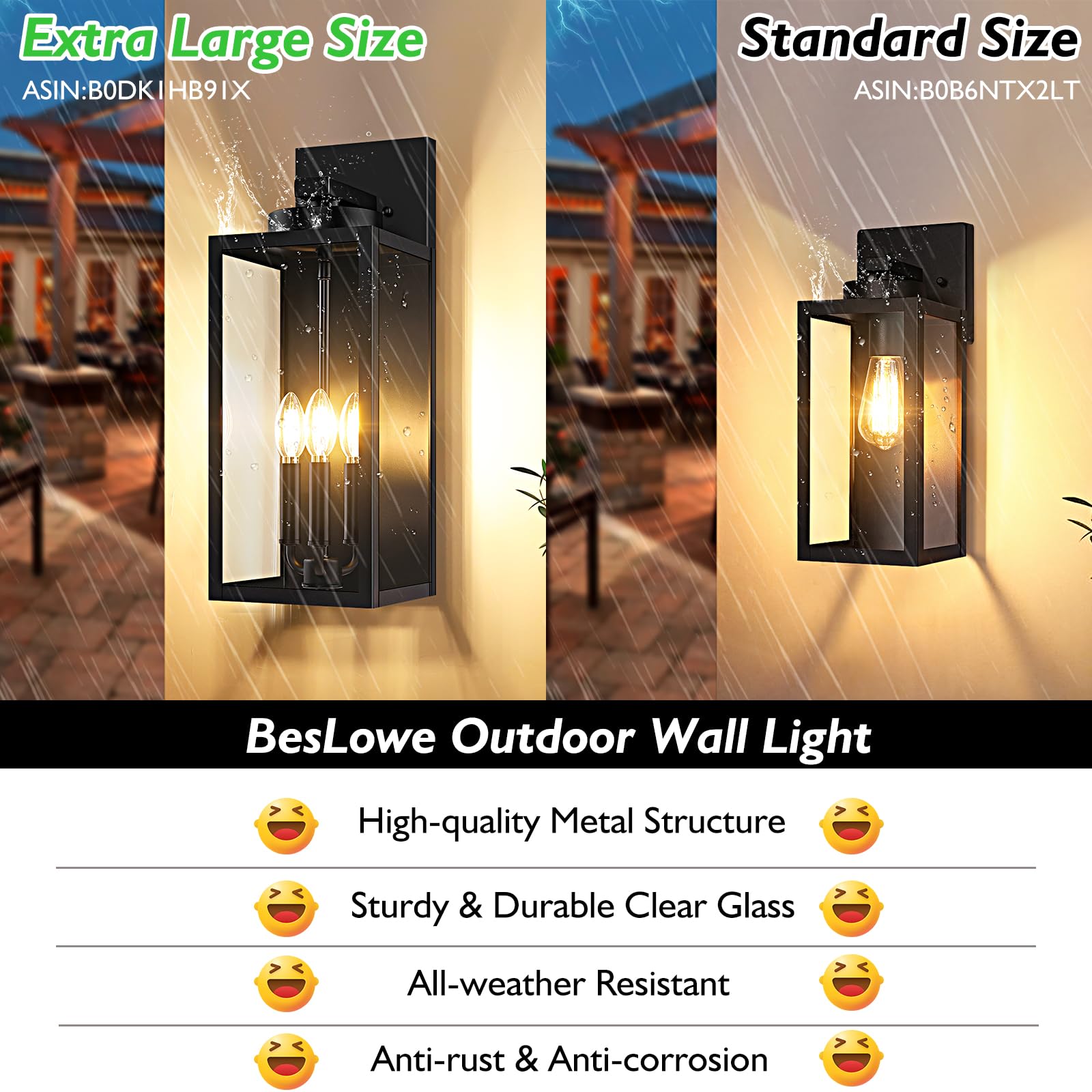 BesLowe 19.6” Outdoor Wall Light Fixture, 3-Light Waterproof Lantern, Black Metal Sconce for Porch, Model B07057P