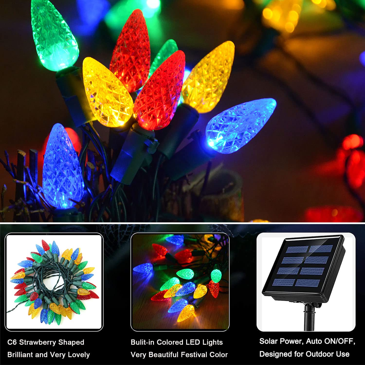 Hugsvik 39Ft 100 Led Solar Christmas Lights Outdoor, 8 Modes C6 Strawberry Lights, Waterproof Outdoor Christmas String Lights Fo