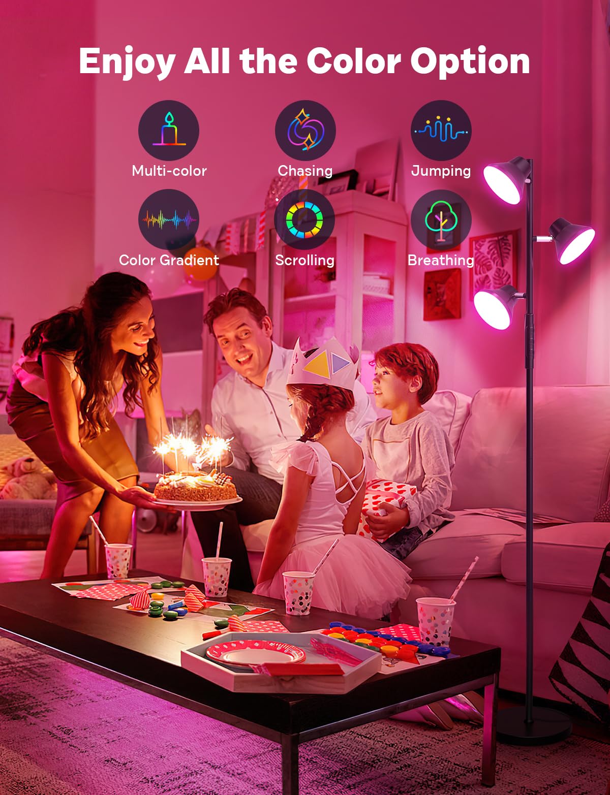 SIBRILLE RGBCW Floor Lamp - 36W Color Changing, Dimmable LED, Remote & Touch Control, Black, Model FLH-036-R2