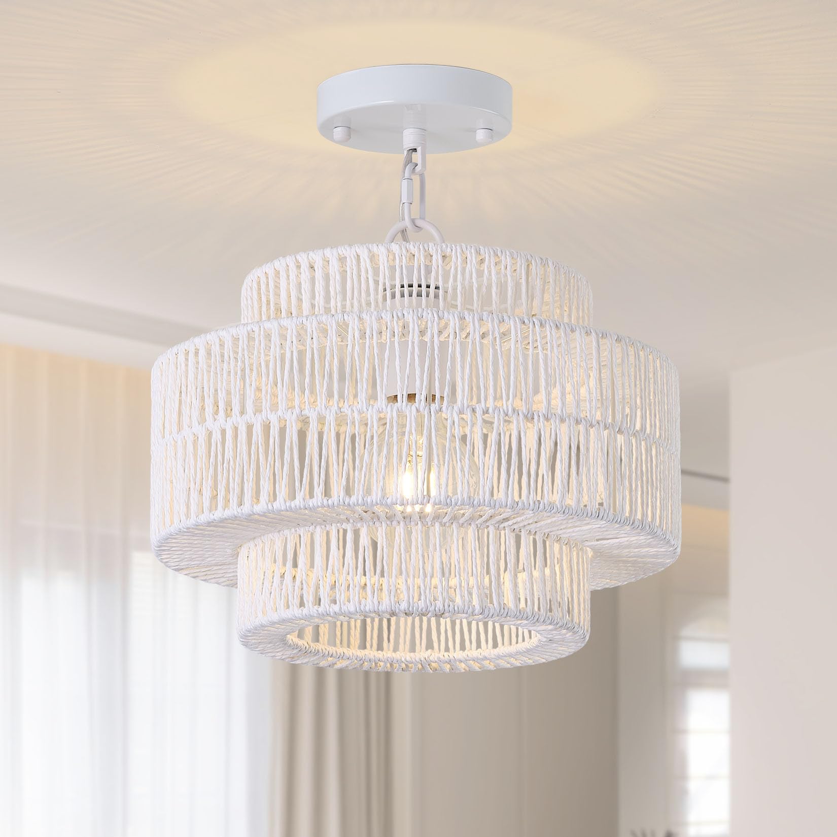 Giutna 12.4'' Large Boho Rattan Farmhouse Chandeliers For Dining Room, Rattan Hand-Woven Rustic Drum Chandelier Pendant Light Fi