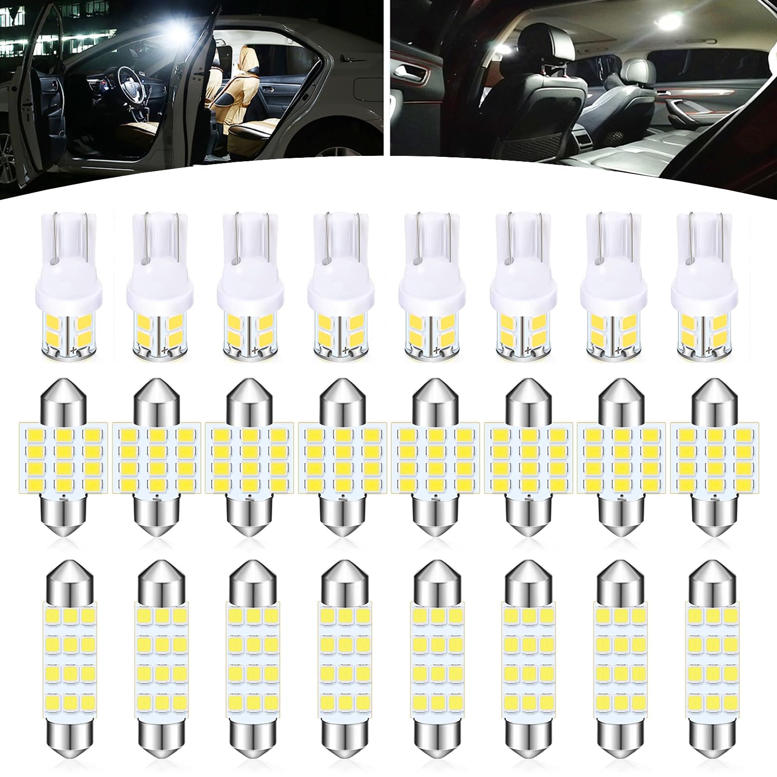 Gkmow Pack-24 Car Led Bulb Kit Set, T10 31 Mm 42 Mm Interior Car Lights Bulbs Dome Light, Festoon Bulbs Led Replacement Bulbs Fo