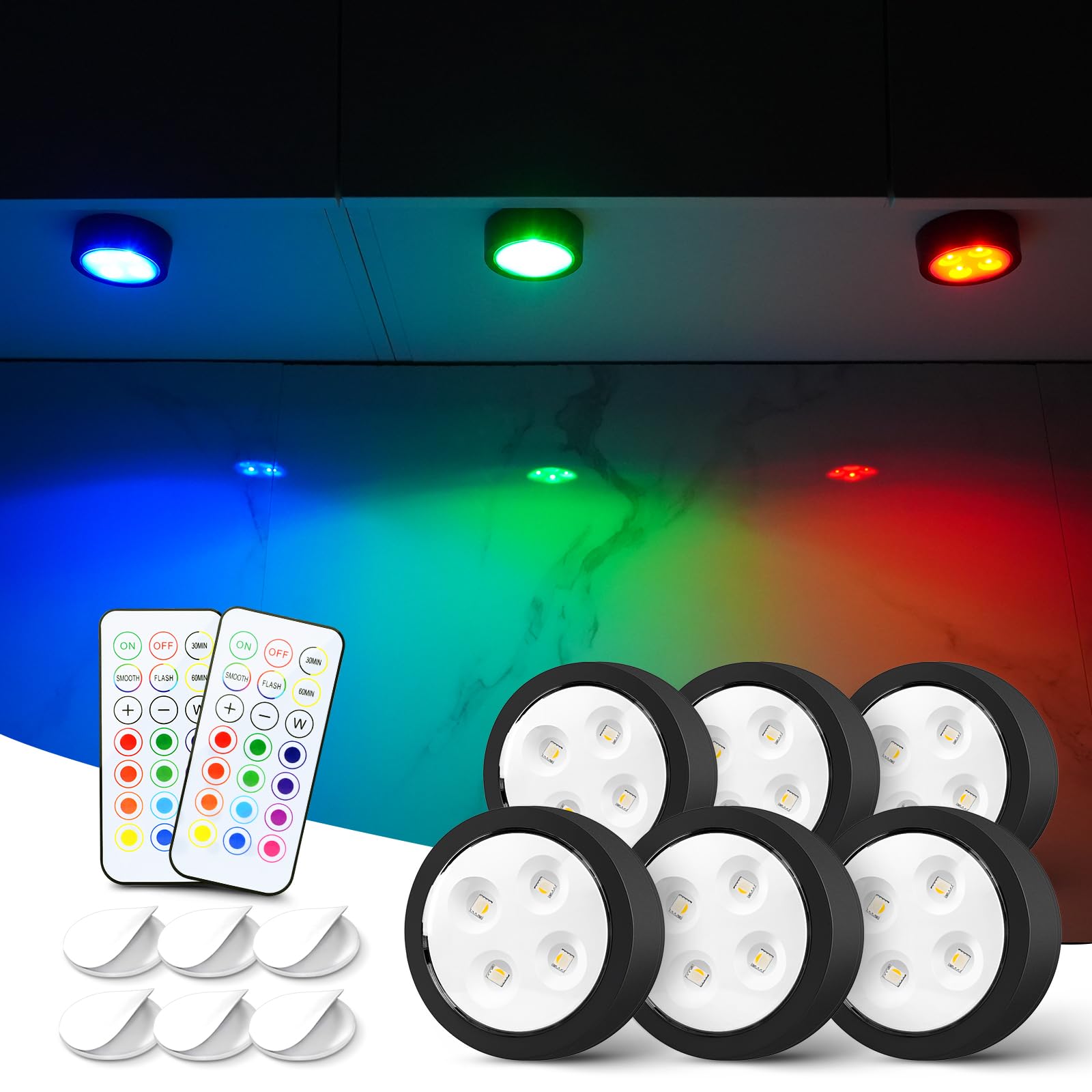 swesara Push Lights with Remote Puck Lighting Battery Operated Tap Lights Button Stick On Color Changing Led Lights 6 Pack (Blac
