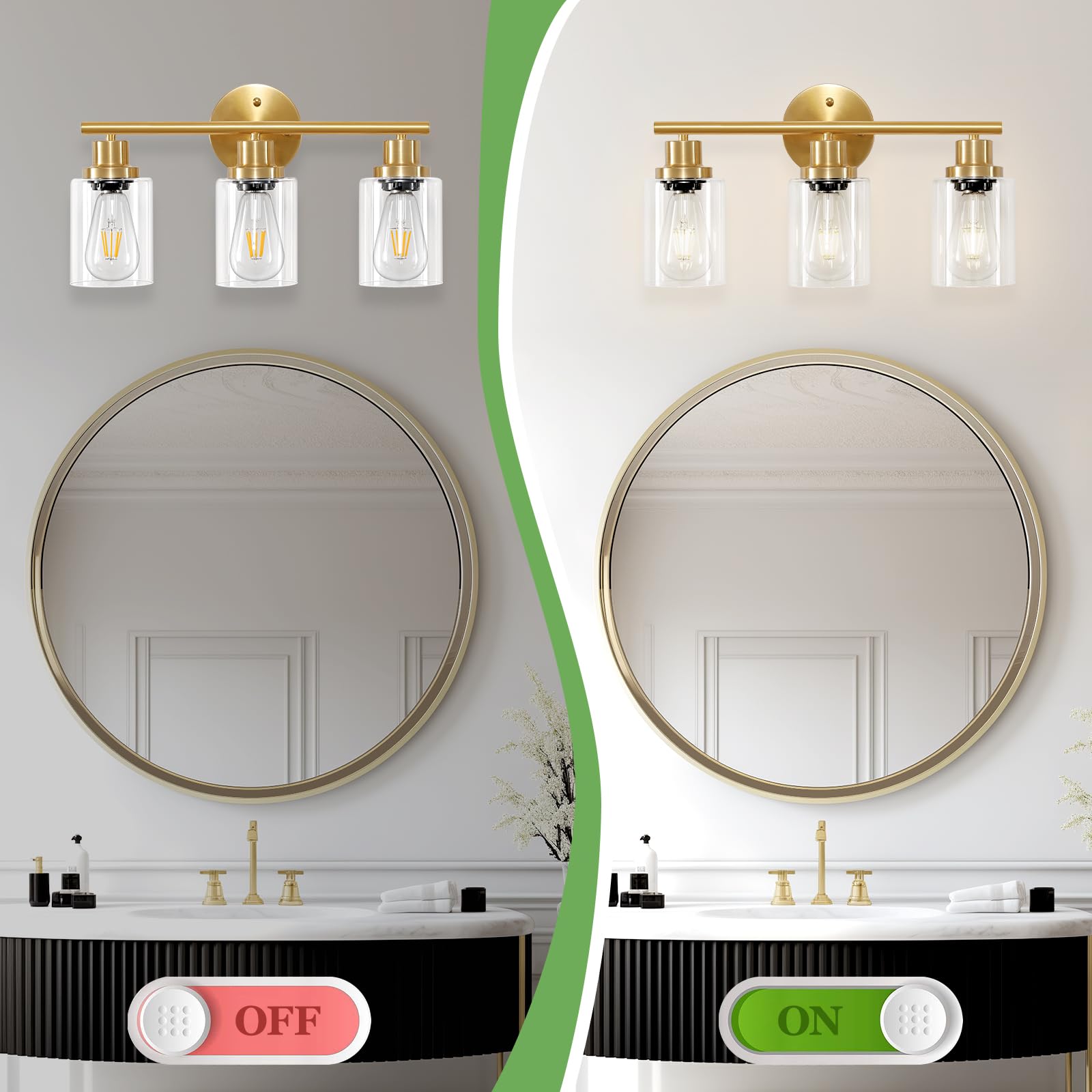 Guliaofo 3-Light Brushed Gold Bathroom Vanity Light Fixture, Clear Glass Shade, Model Gu-111-QGJ-3