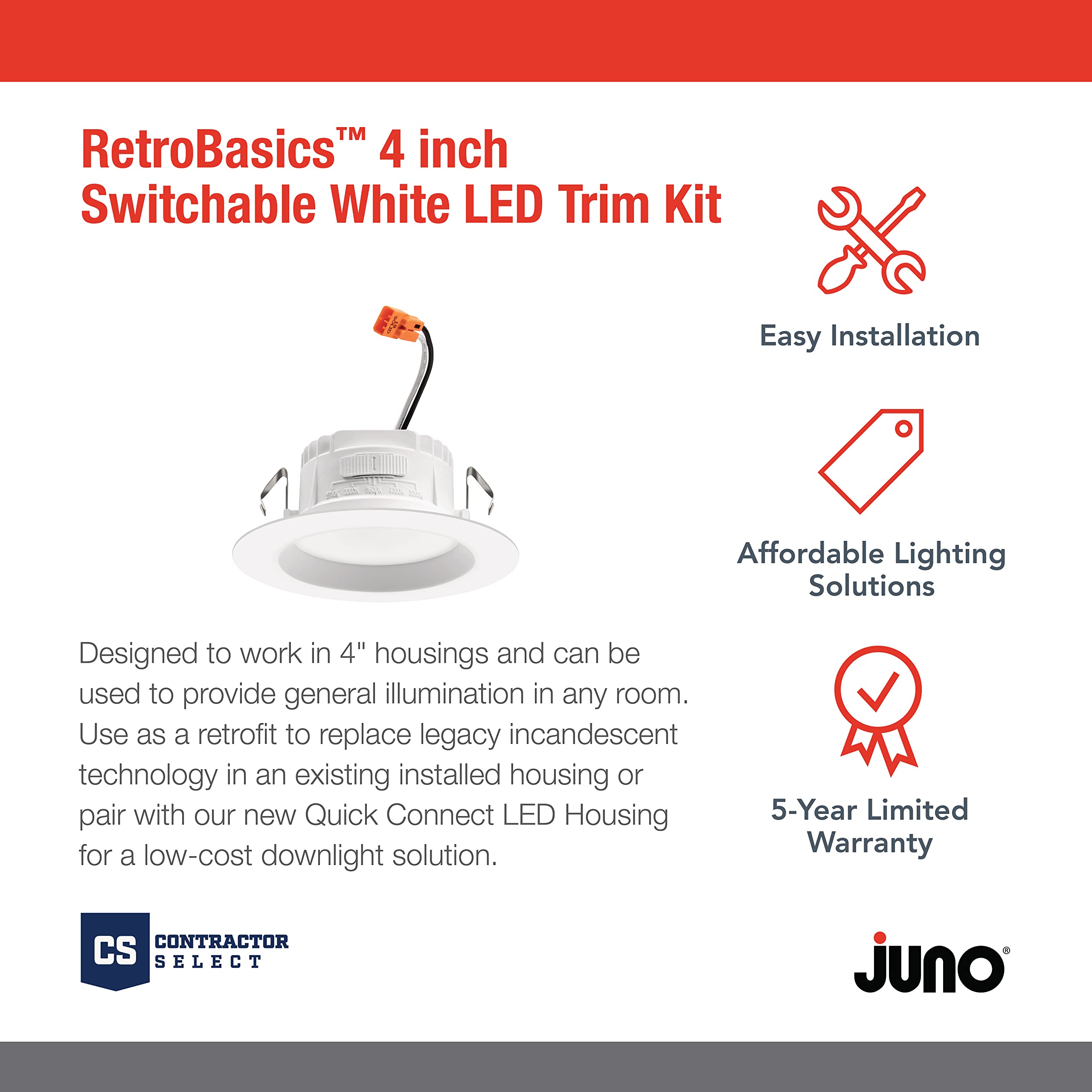 Juno Rb4S Sww5 Mw Cp6 M6 Retrobasics Retrofit Led Downlight, Switchable, Matte White, 4 Inch, 6-Pack