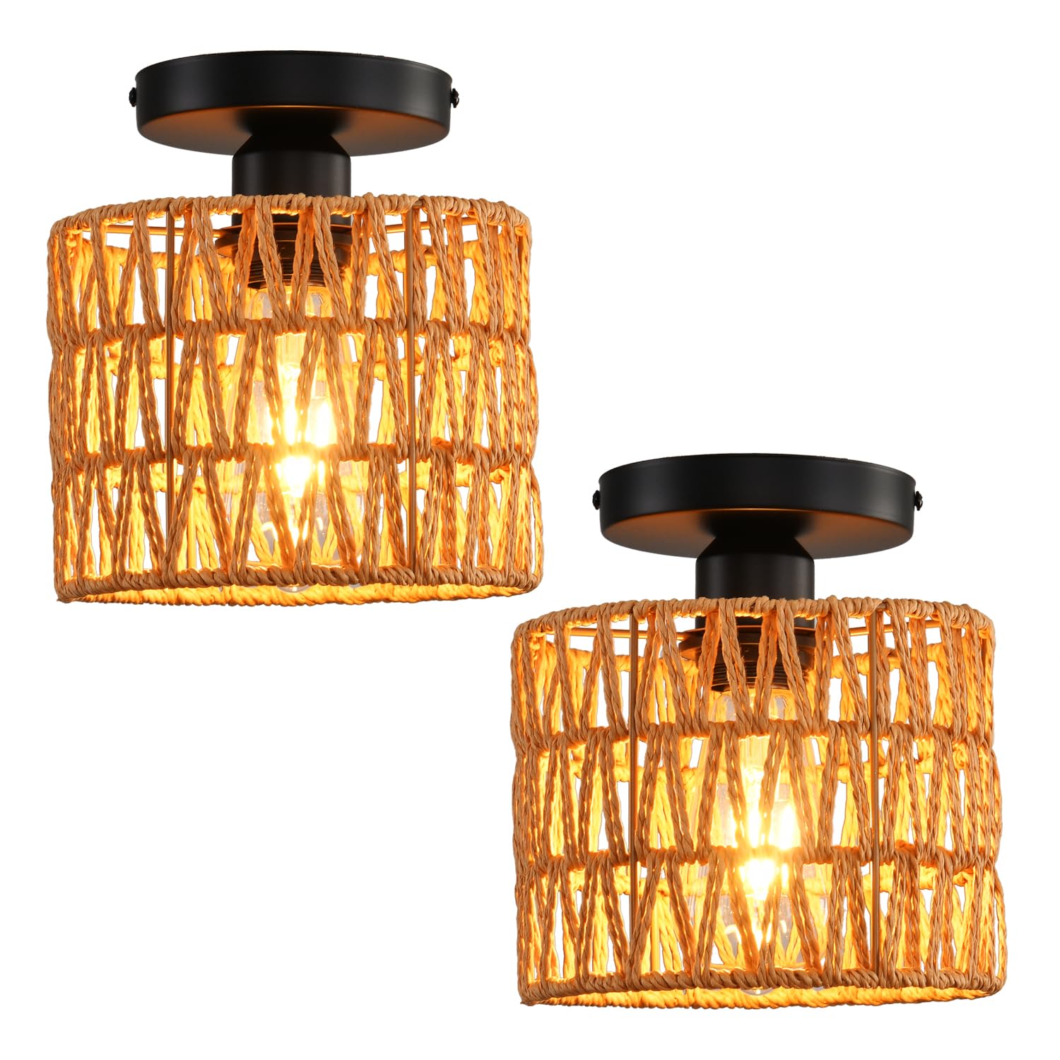 KENMI Ceiling Light Fixture, Hand-Woven Rattan Flush Mount, 2 Pack, Brown, Metal, Model C1, Boho Style for Hallway, Bedroom, Kitchen, Living Room