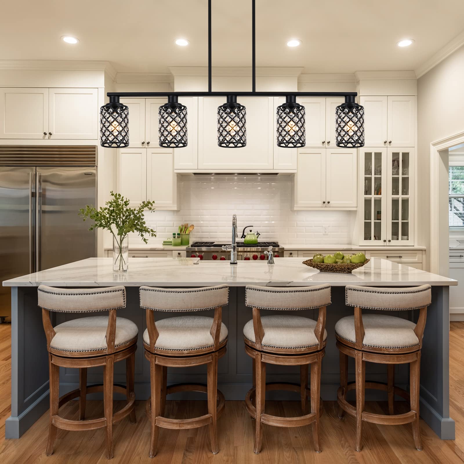 KPIOK 5-Light Kitchen Island Pendant Chandelier, Black Metal with Handmade Crystal Shade, Ideal for Dining Table and Living Room