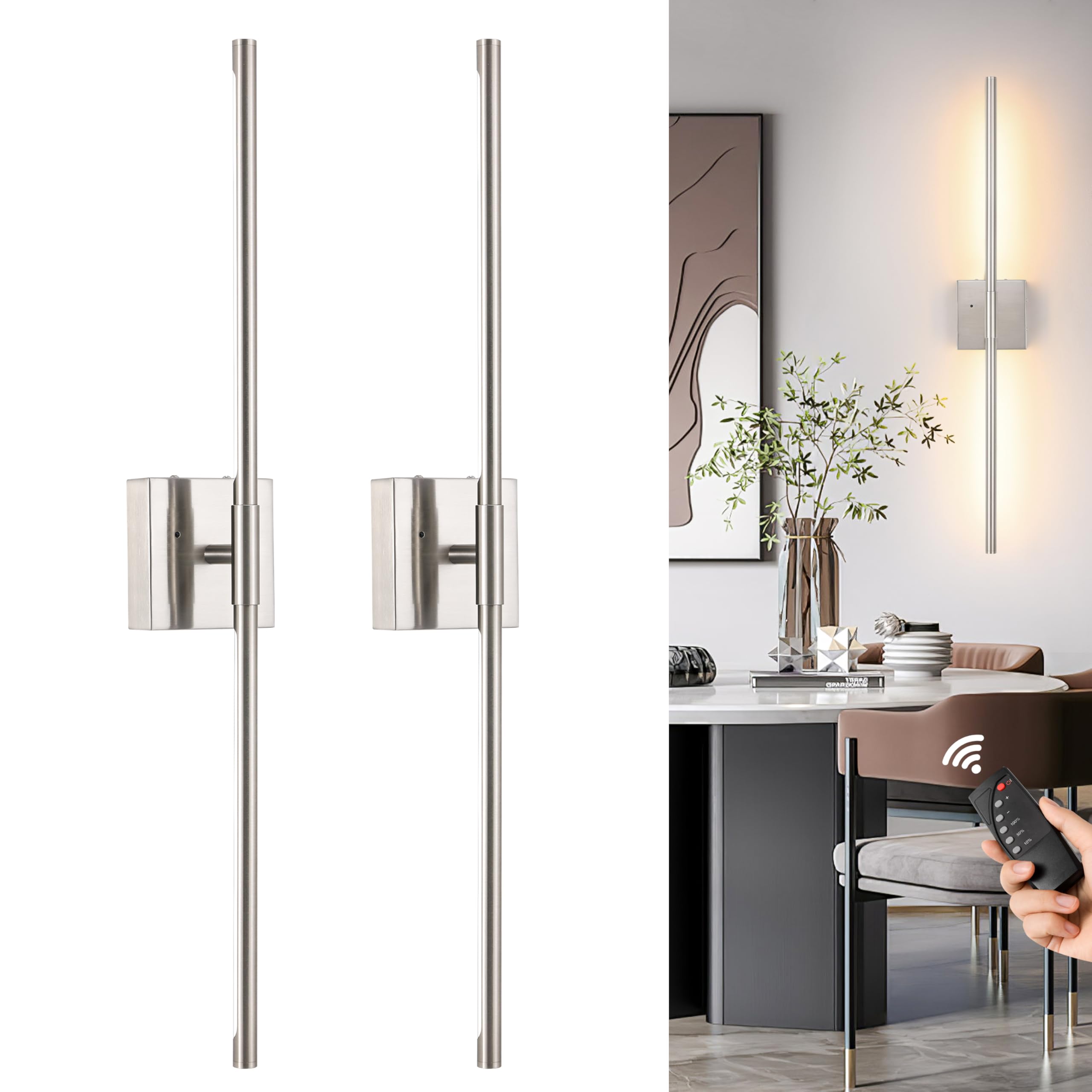 Morauroral Wall Sconces Set of Two, Dimmable, 30 Inch, Sand-Nickel, Rechargeable LED Lights, Model 7812 - 30