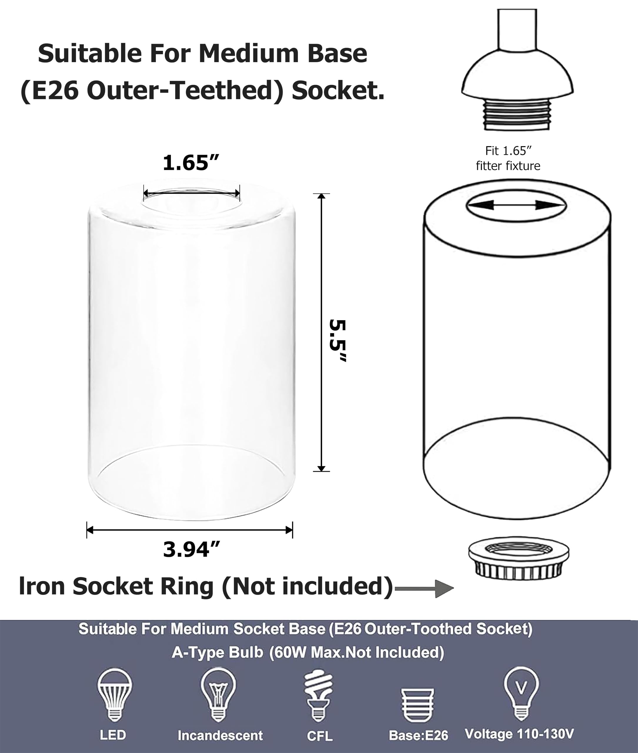 Go&So 3 Pack Clear Glass Lamp Shade Replacement, 5.5'' Height, 3.54'' Diameter, 1.65'' Fitter - Cylinder Glass Pendant Light Sha
