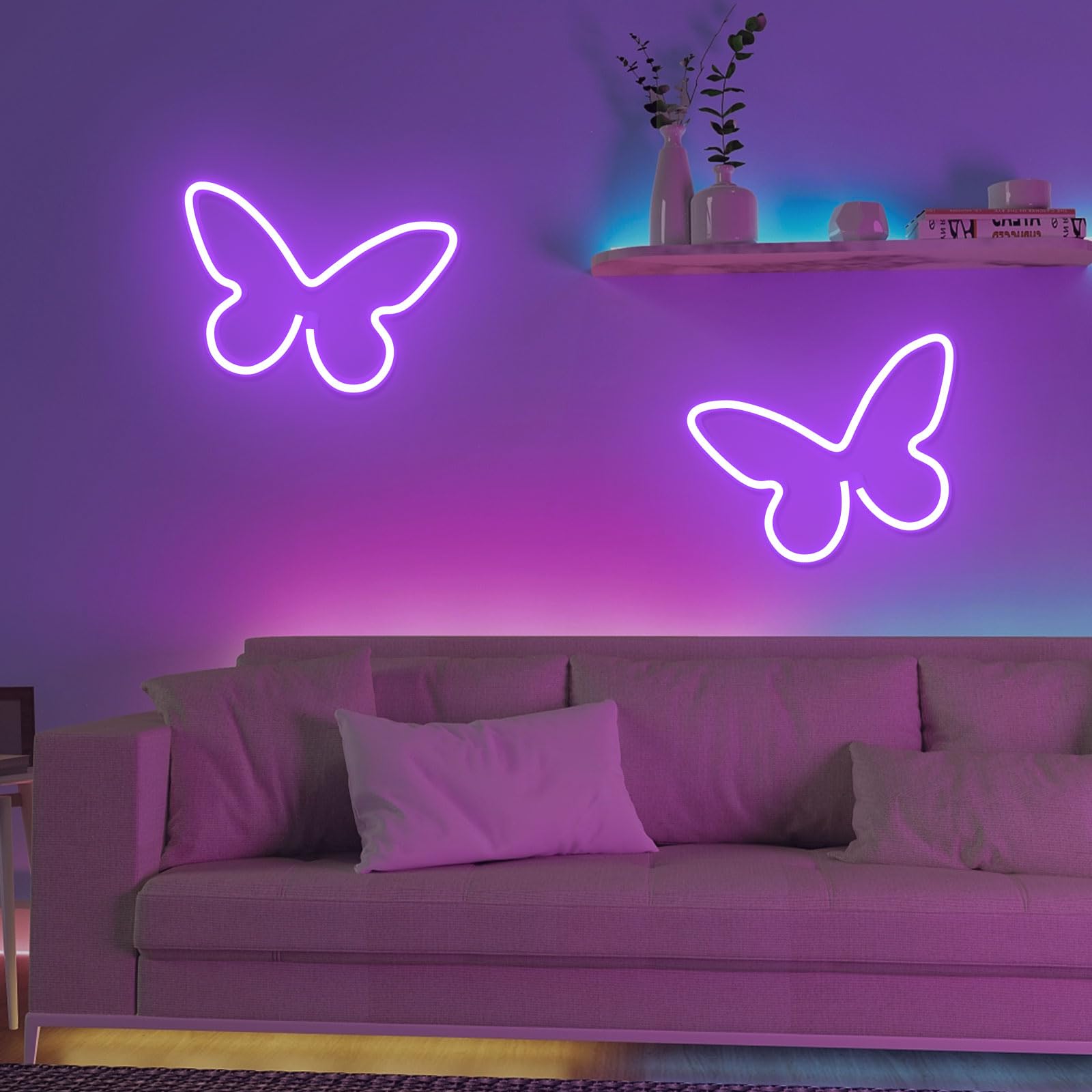 BerniceKelly Butterfly Neon Signs - Purple LED Light for Bedroom, 6.7 x 9.1 inches, USB/3AA Battery, Silicone Material