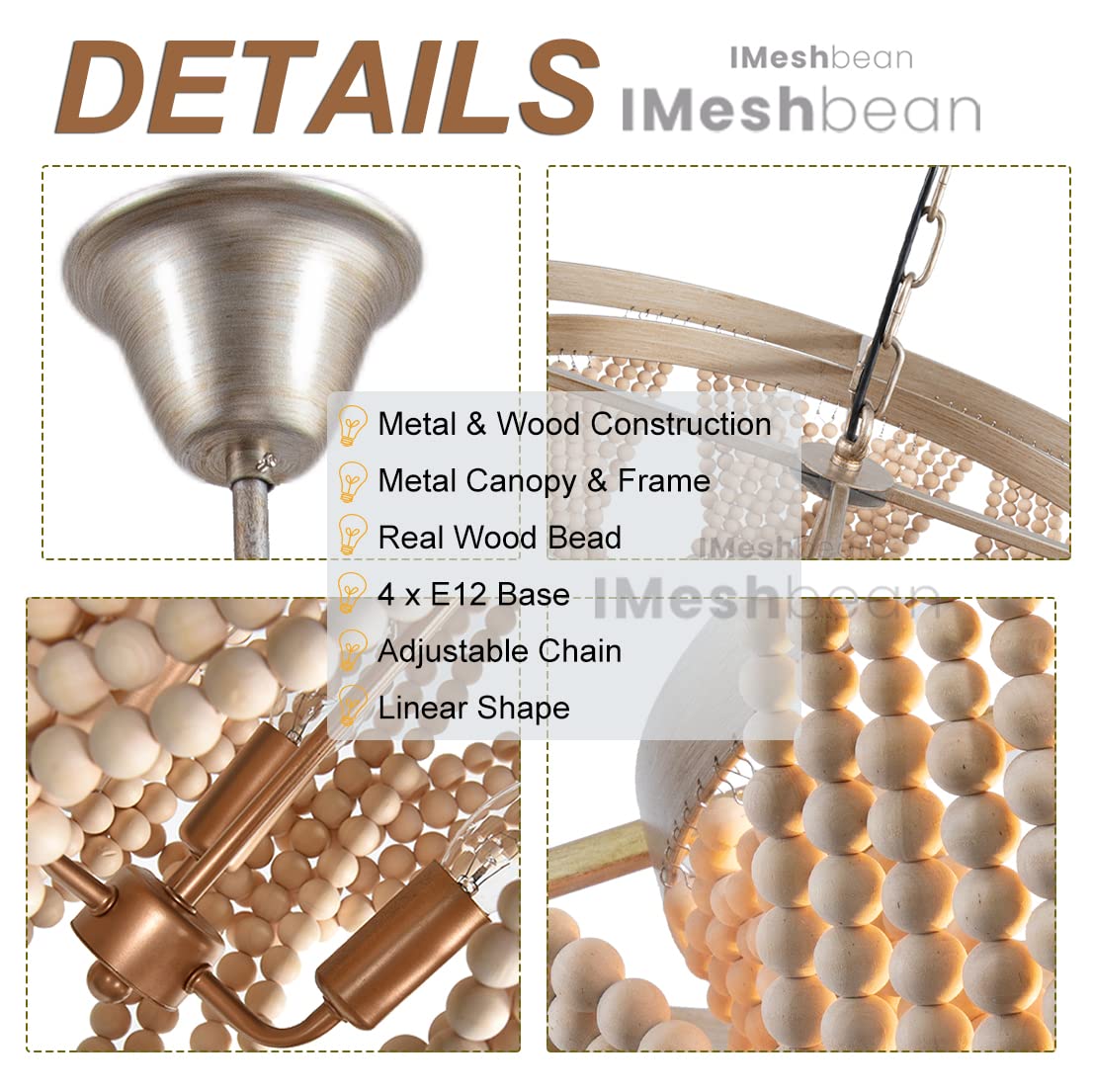 iMeshbean 25.5" Boho Wood Beaded Chandelier Light Fixture - Rustic Oak for Dining Room, Bedroom, Living Room (Model 09523-FW)
