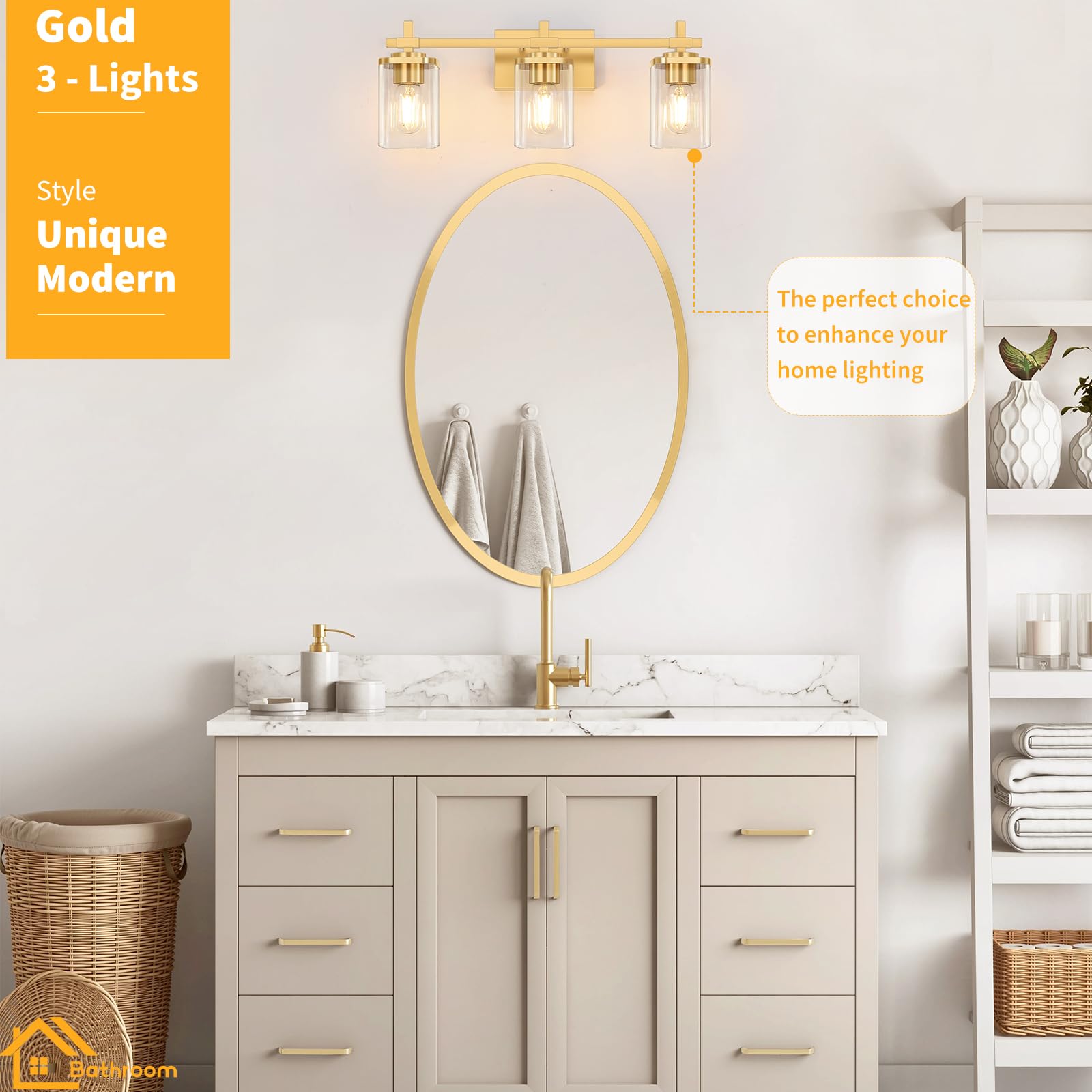 Spiglamm 3-Lights Bathroom Vanity Light Fixture, Brushed Gold Metal Wall Mount with Glass Shades, Model BG-Wall-3 Light