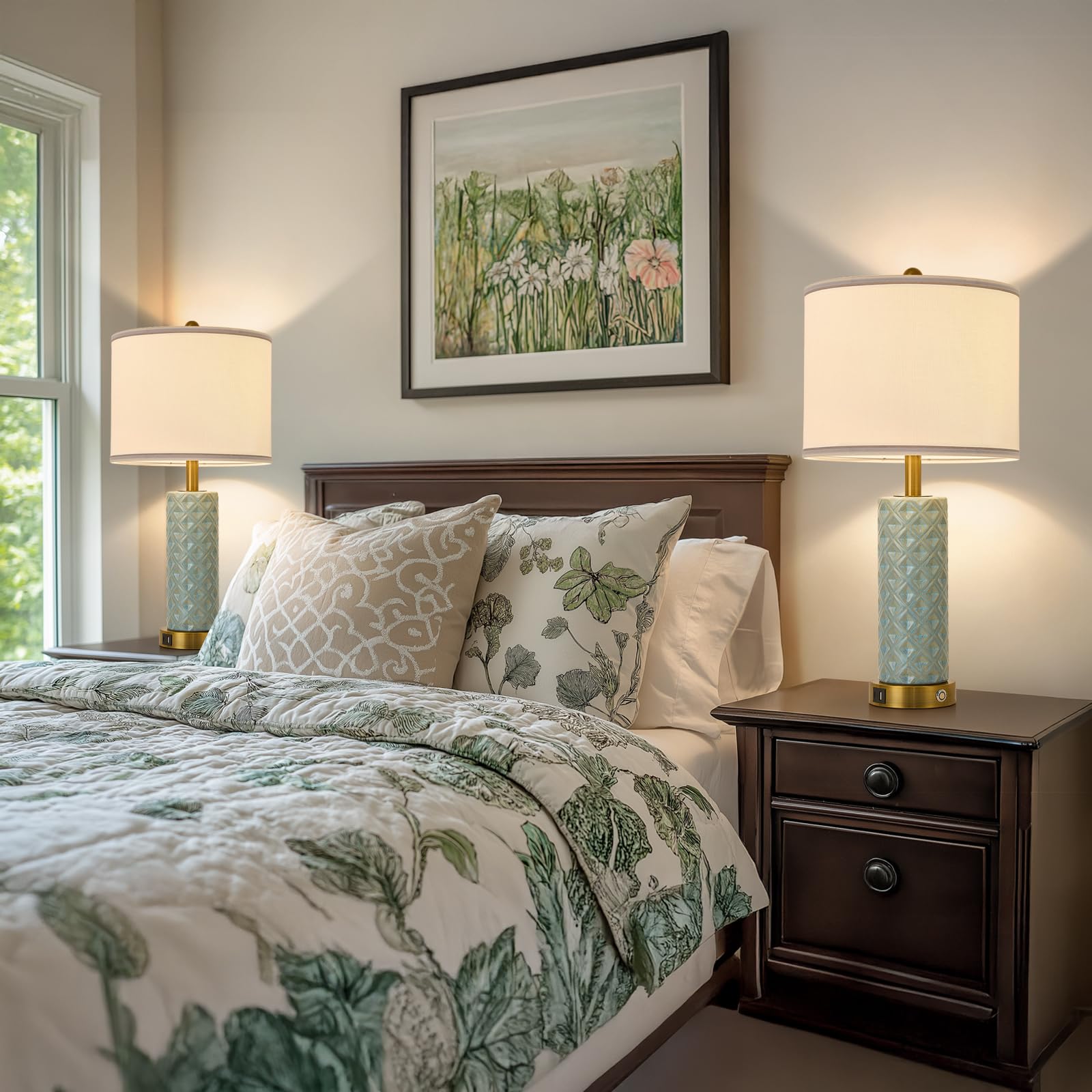 Bdayanx Set Of 2 Table Lamp For Living Room Bedroom Farmhouse,26'' Touch Control Bedroom Spa Blue Ceramic Lamps 3-Way Dimmable B