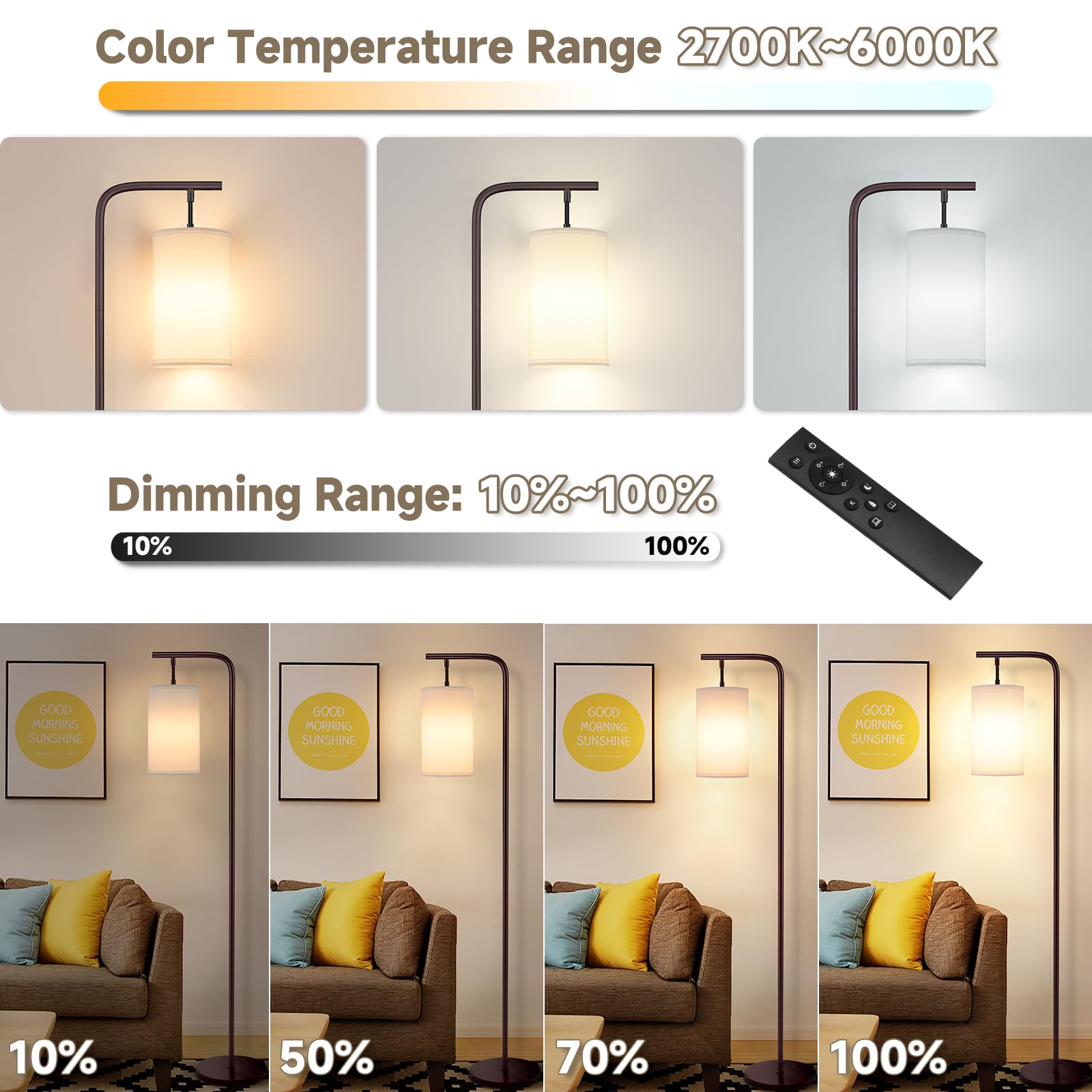Coucrek Floor Lamp - 9W LED, Remote Custom Color Temperature & Brightness, Brown, Model F109 for Living Room & Office