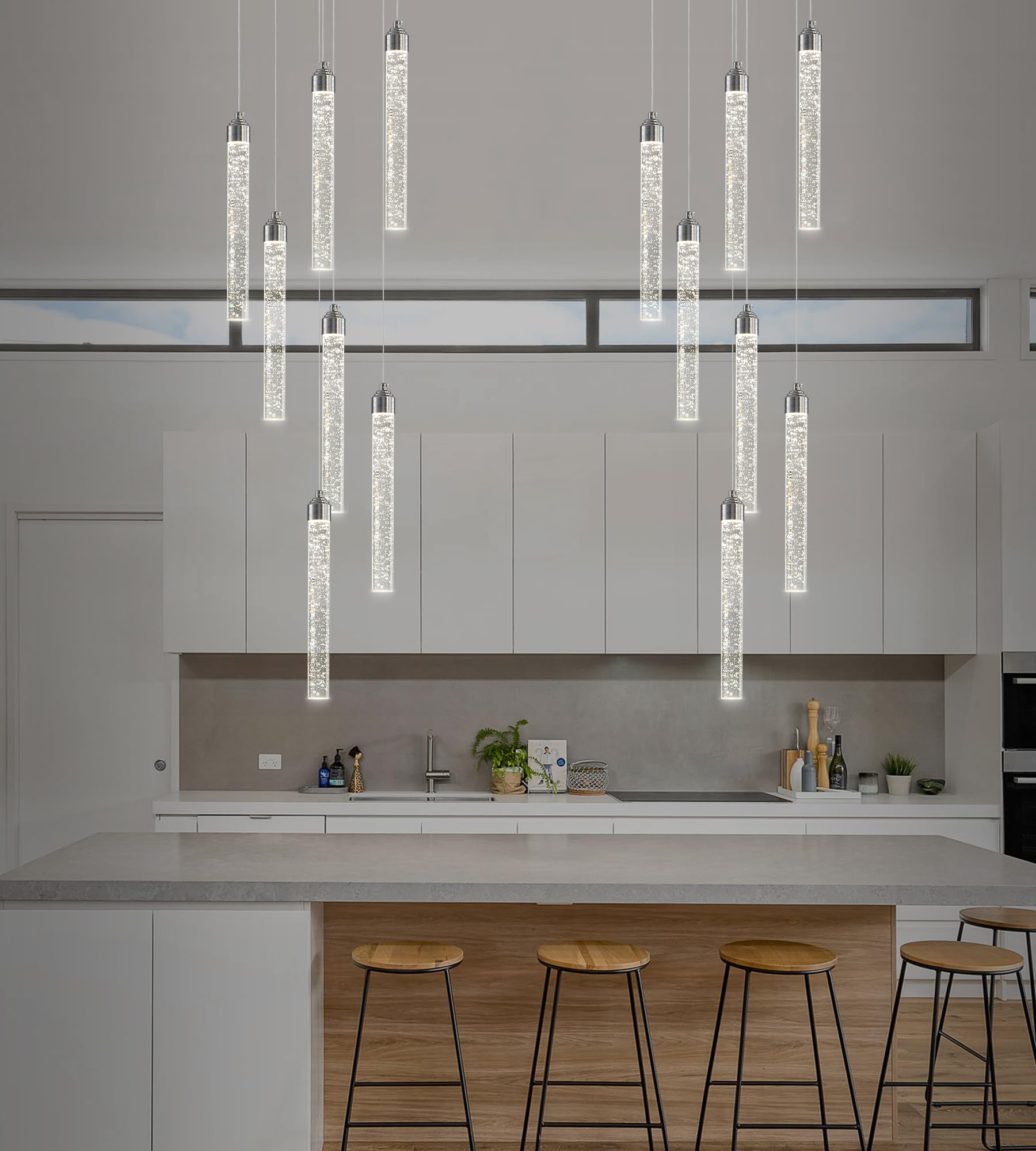 7-Lights High Ceiling Crystal Staircase Chandelier Chrome Pendant Lights Modern Spiral Raindrop Dimmable LED Bubble Cluster Ceil