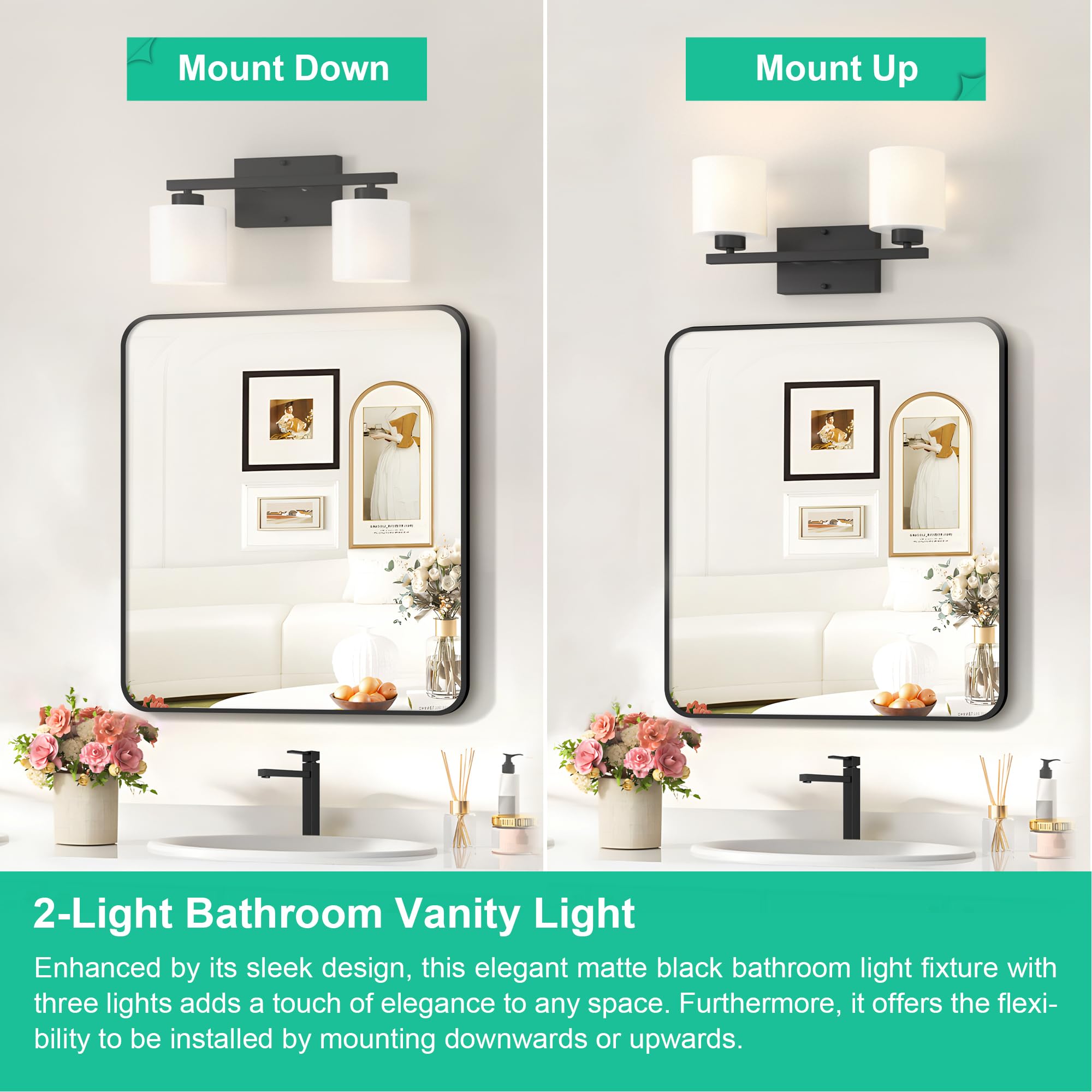 Honesorn 2-Light Black Vanity Light, Modern Bathroom Lighting with Frosted Glass Shade, Anti-Rust, Wall Mounted, Model TK-JQD-MS-B-2