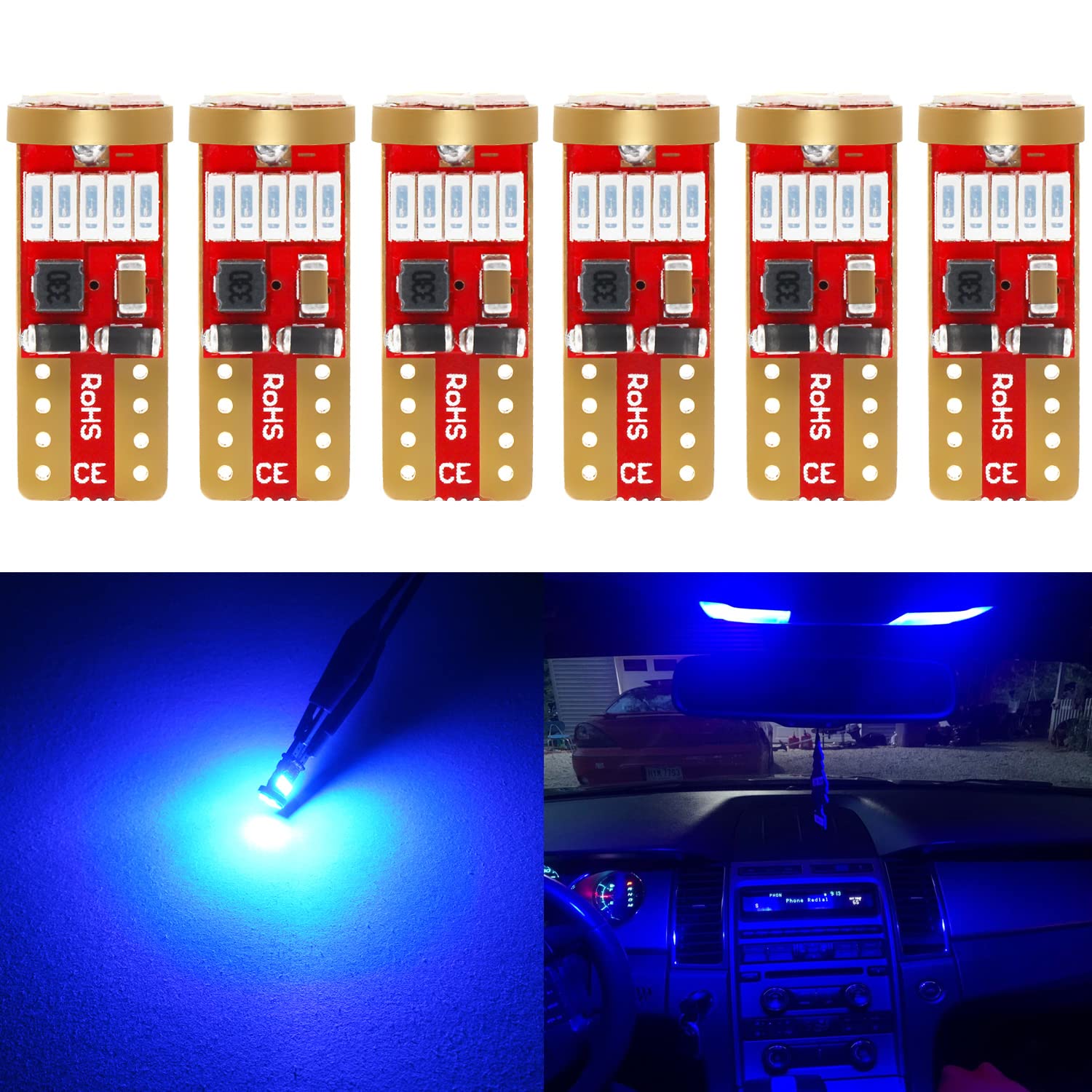 PHINLION 194 Blue LED Bulb Super Bright 15-SMD Chipsets for Car Dome Map Lights, Pack of 6