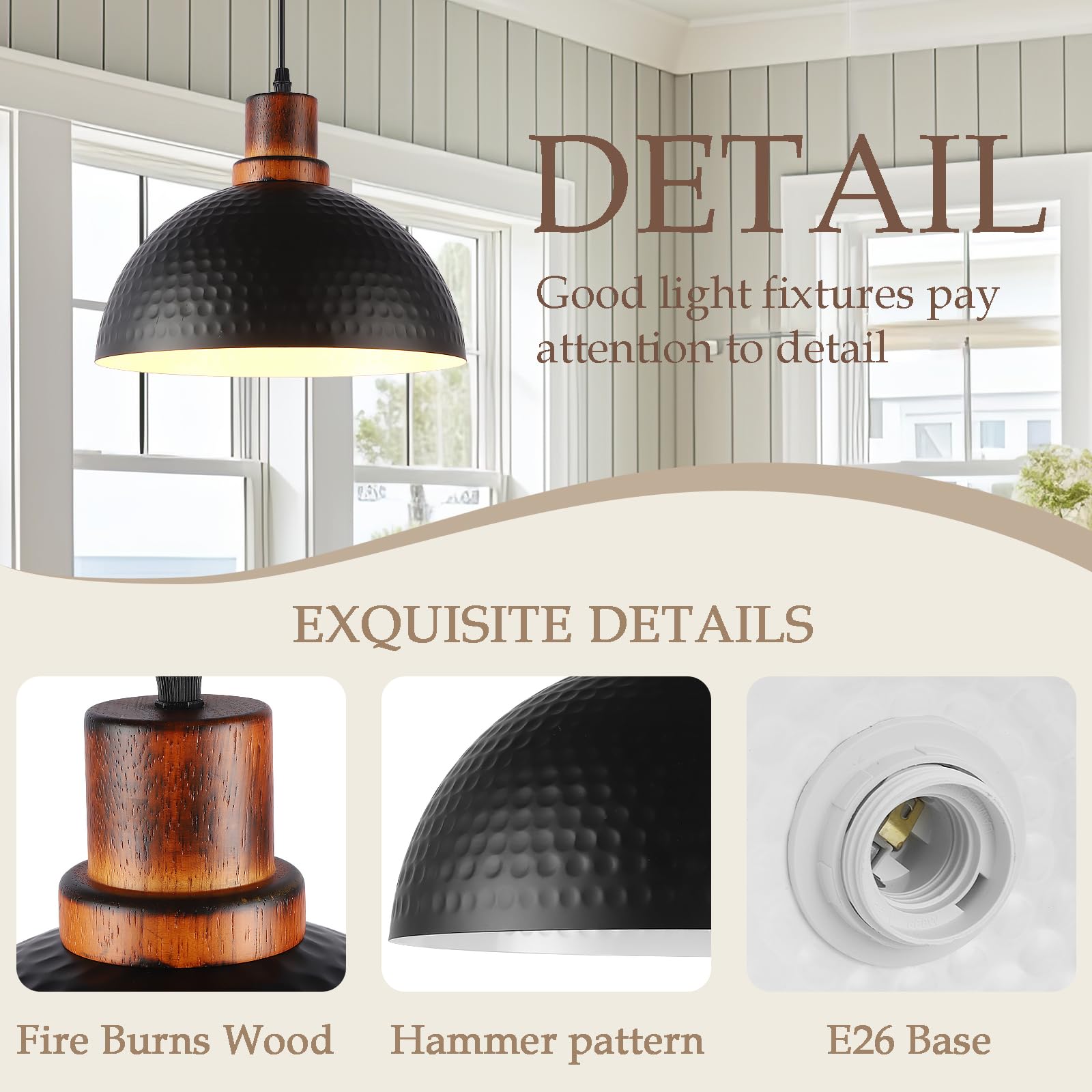 Mgcanyu Solid Wood Pendant Lights 3 Pack, 12" Matte Black Metal Fixtures for Kitchen, Dining, Living Room, Industrial Style