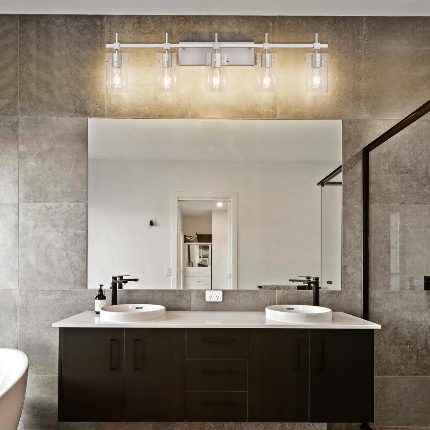 Solfart 40.1 Inch 5 Light Bathroom Vanity Light Fixtures Bathroom Light Fixture Over Mirror Brushed Nickel Wall Lights With Glas