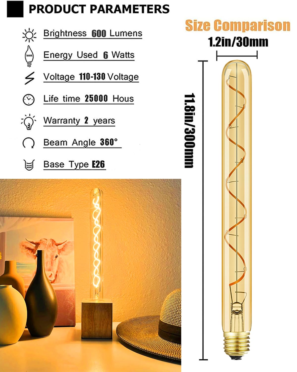 Leools Vintage Led Spiral Filament Bulb T10, 11.8Inch Long Tubular Dimmable Edison Light Bulbs,E26 Base,Amber Glass,Warm White,2