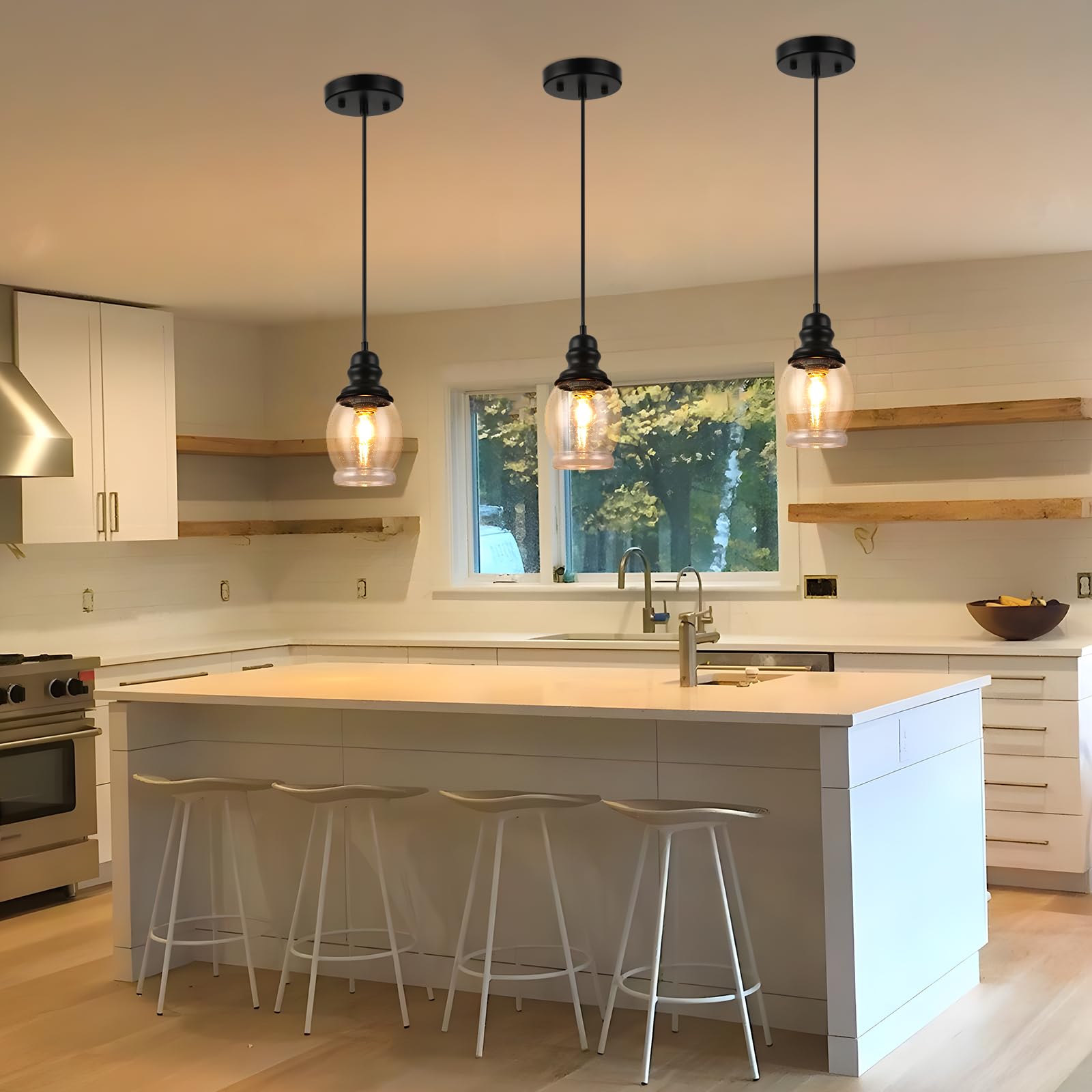 Wilon Mini Pendant Lights For Kitchen, Seeded Glass Pendant Light Fixtures Farmhouse Pendant Lighting Metal Black Pendant Light