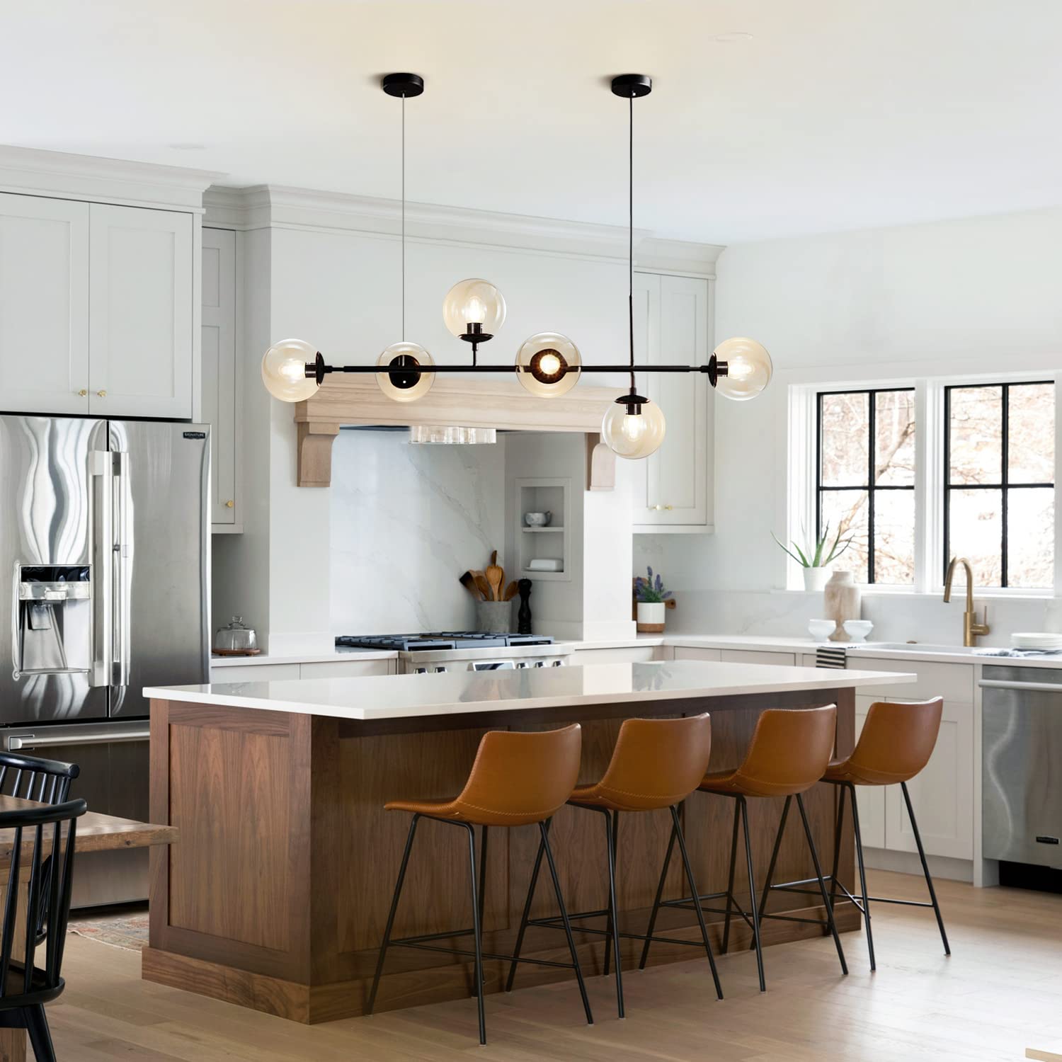 KCO 6-Light Modern Globe Sputnik Chandelier, Black+Amber Metal Pendant Light, Adjustable Dining Room Fixture, Model L1039-Black