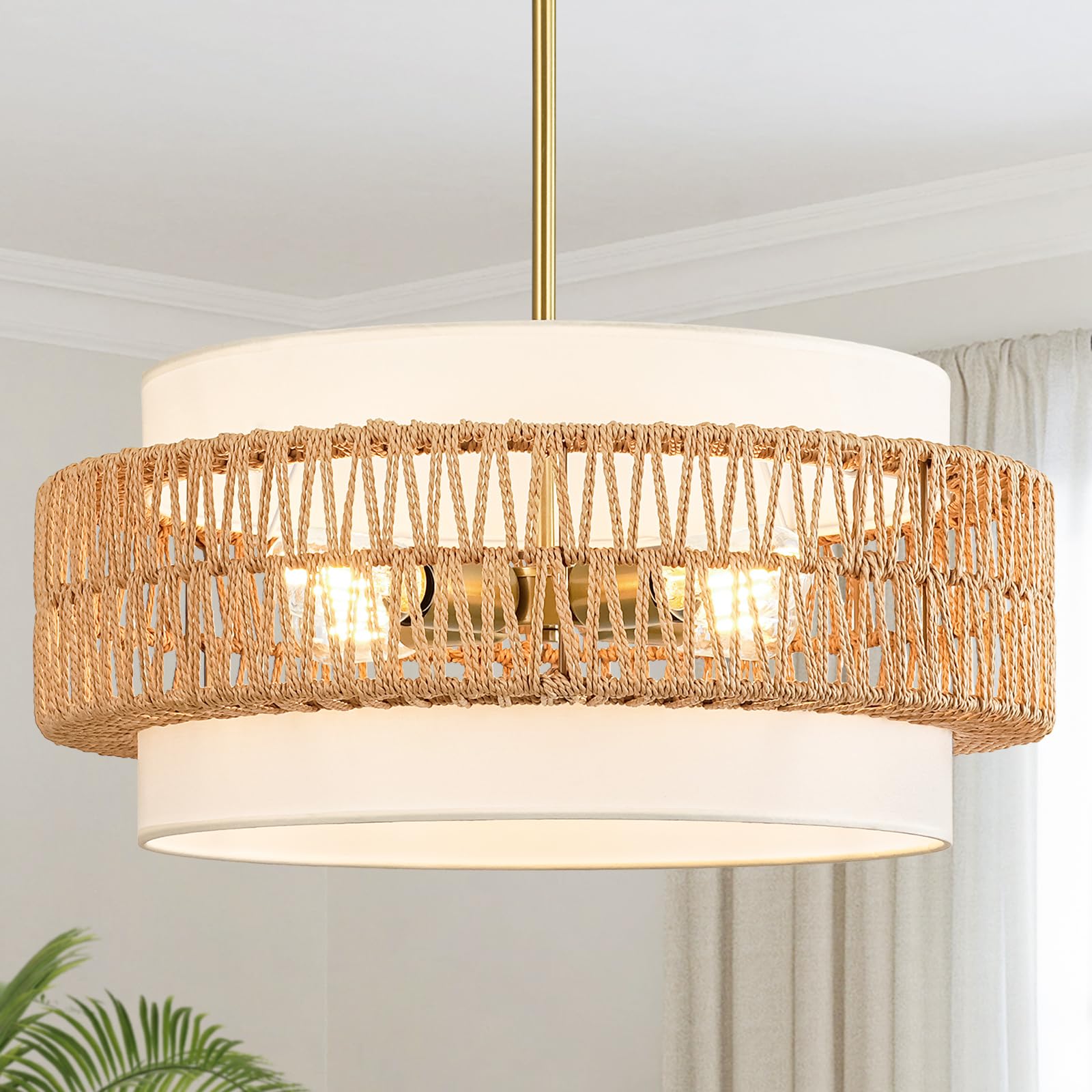 Outiron 19.7'' Boho Rattan Chandelier, 4-Light Large Rattan Pendant Light With Fabric Shade, Boho Drum Ceiling Hanging Light Fix