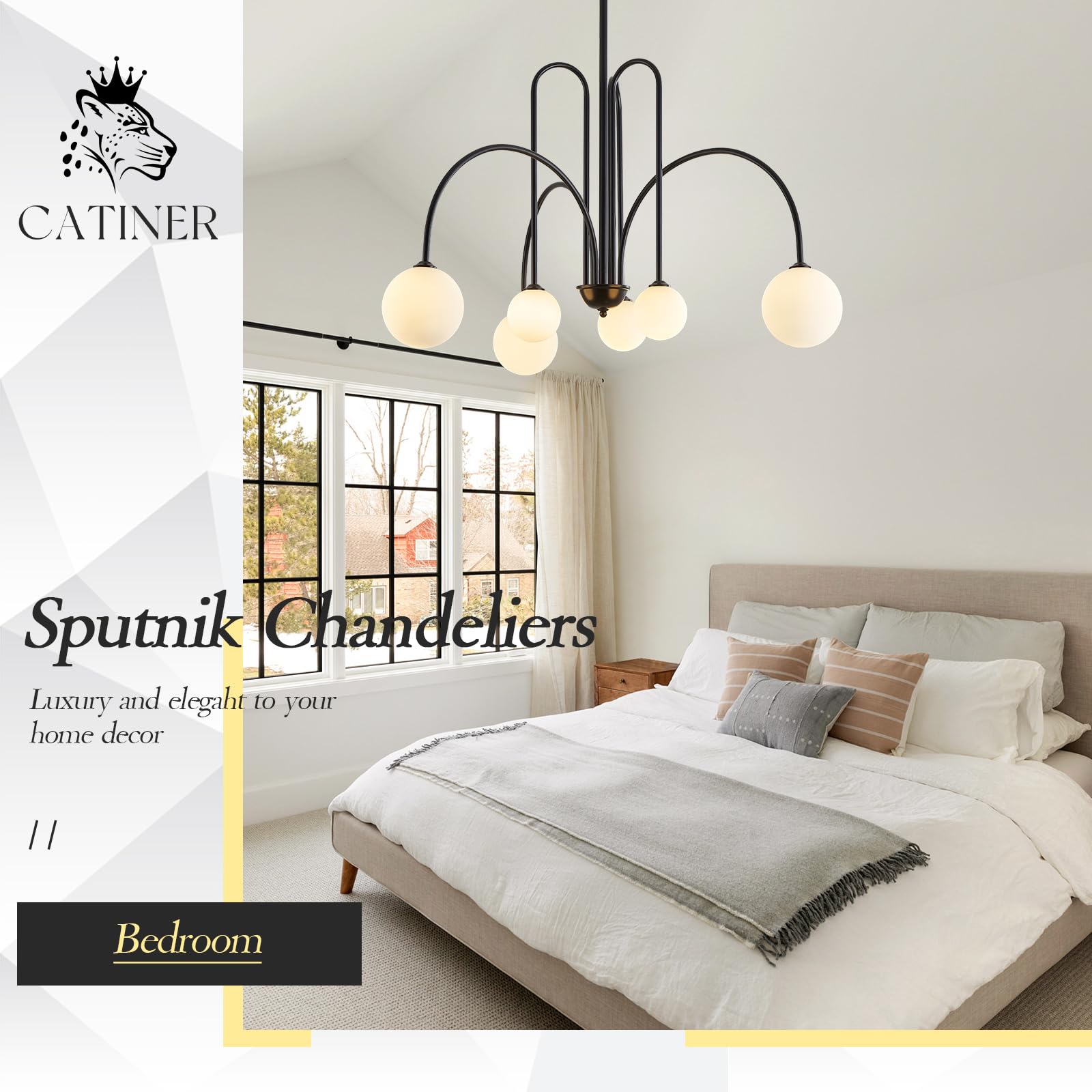 CATINER Modern Black 6-Light Sputnik Chandelier, Metal with White Glass Globe Shades, 40” for Dining Room, Foyer, Bedroom, Model P93-6B1