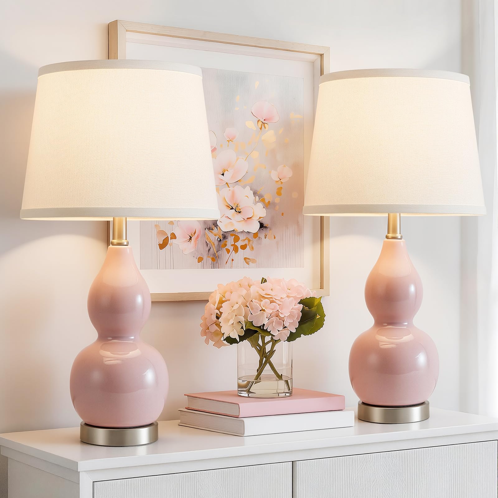 GyroVu 22 Table Lamp Set of 2  Color Temperature Adjustable Double Gourd Ceramic Lamps Classic Nightstand Table Lamps for Bedroom Beside Lamps for Living Room  Pink-Bulbs Included