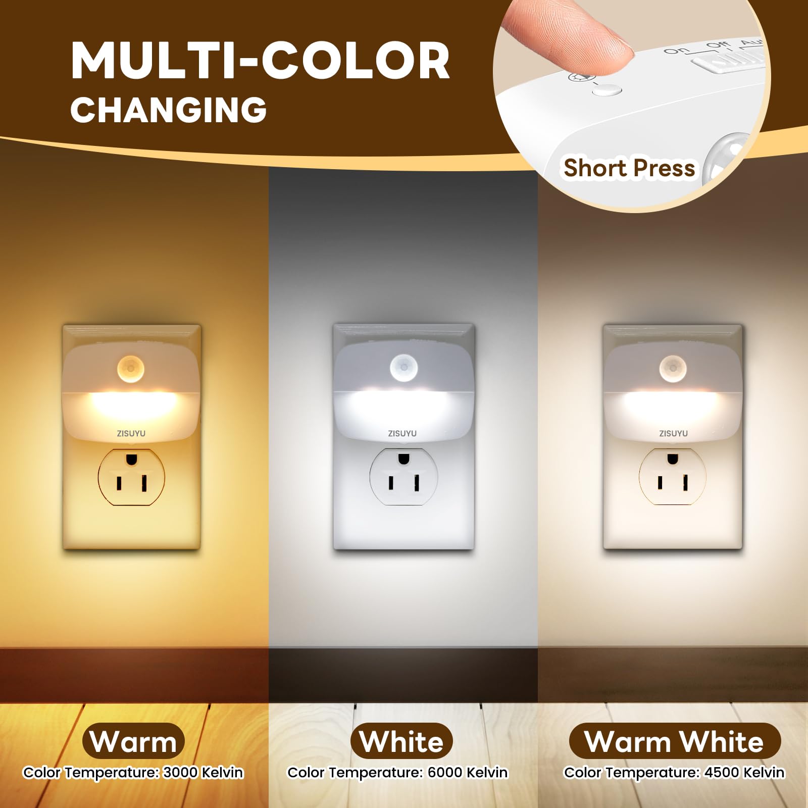ZISUYU Plug-in LED Night Light, Motion Sensor, Dimmable, 6 Pack, Cool White, Model ZU07