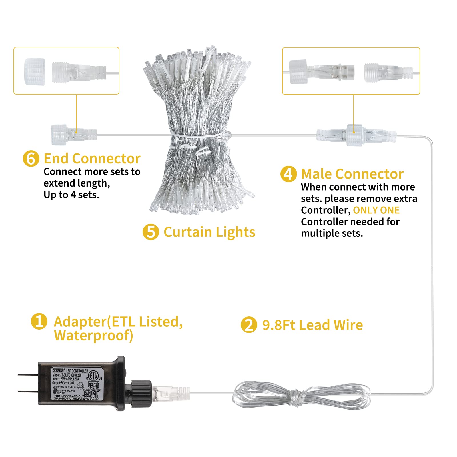 Brightown 300 Led Curtain String Lights, 9.8 Ft Hanging Fairy Lights With Remote, 8 Modes, Connectable Waterproof Window Lights For Bedroom Backdrop Wedding Outdoor Christmas Party, Warm White