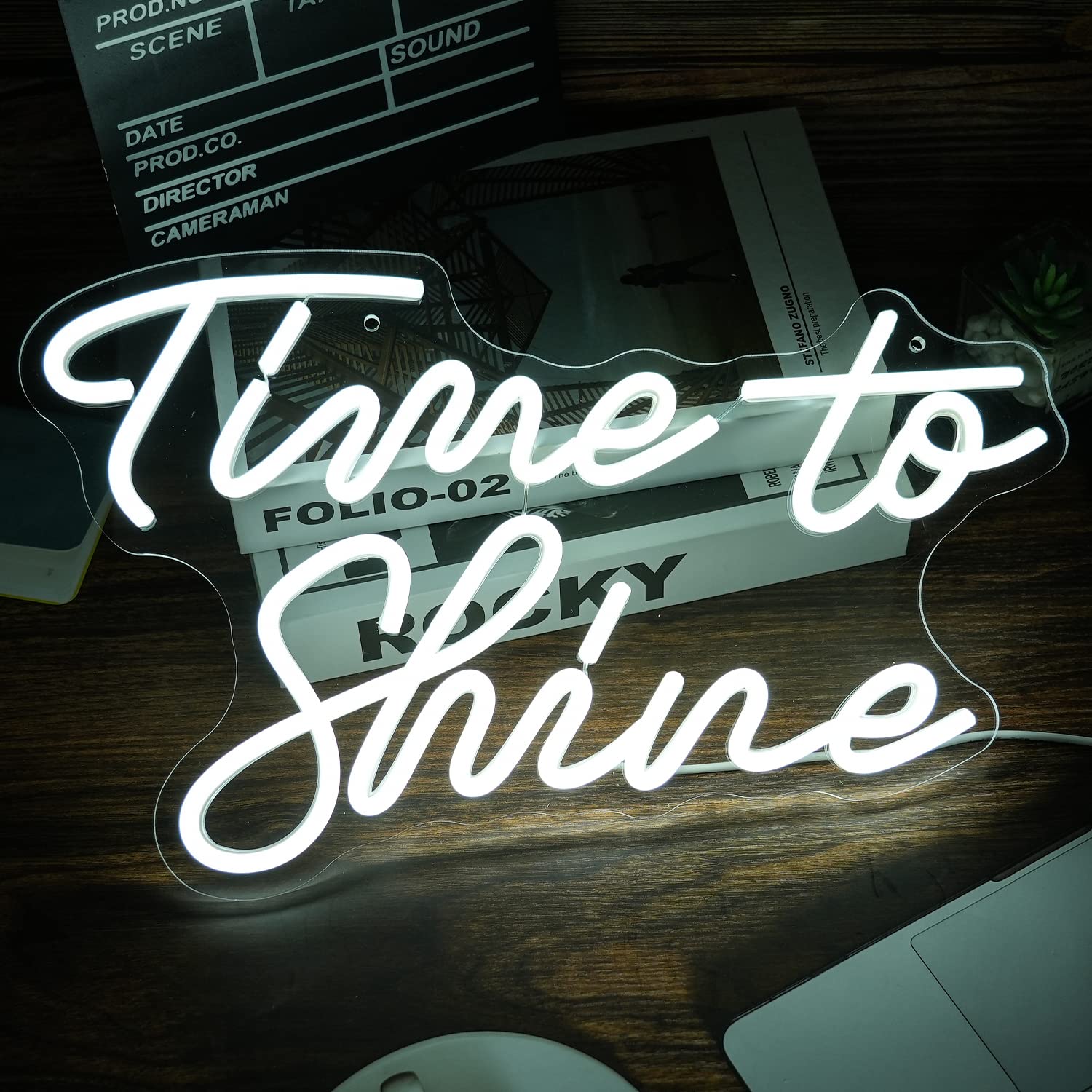 LISIGNVE Neon Sign - Time To Shine LED Wall Decor, Dimmable, USB Powered, White, 16.5in x10.2in