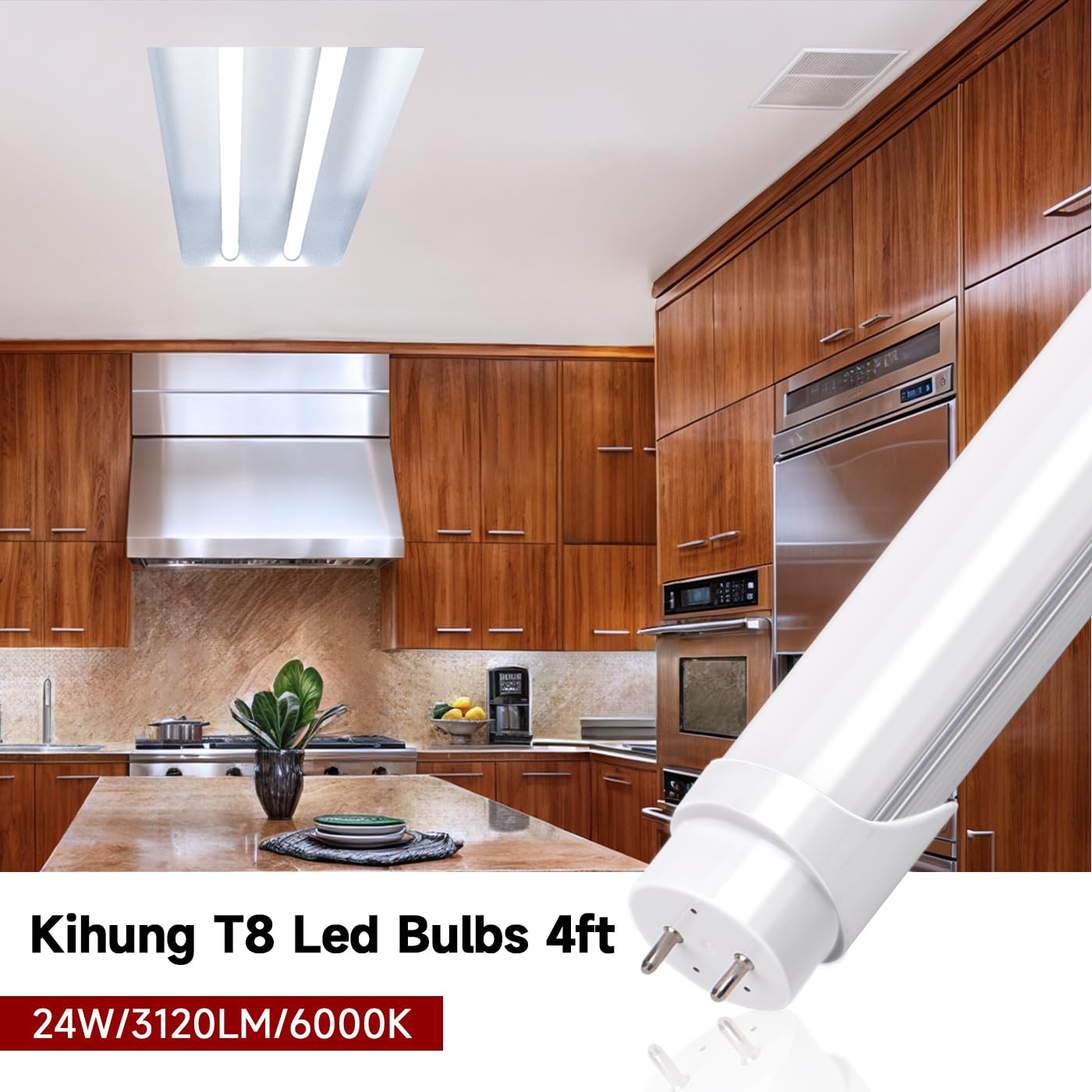 Kihung Led T8 Bulbs 4Ft, Type B 24W 3120Lm 6000K, Daylight White Shop Light Bulbs 48 Inch, Ballast Bypass, T8 T10 T12 4Ft Led Re