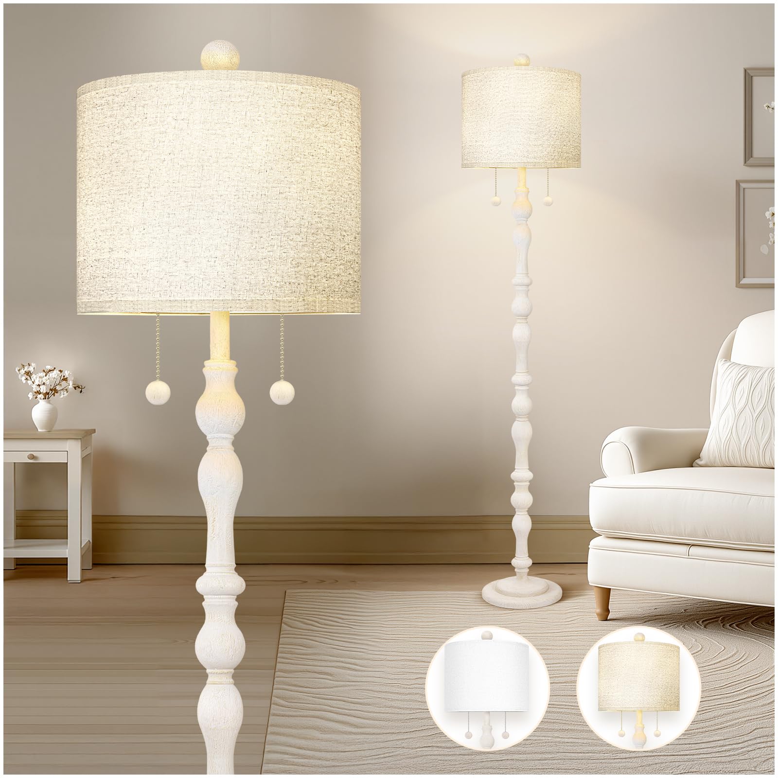 Scenekoy 65.5” Wood Floor Lamp, Washed White, Dual Socket, Linen Shade, Model ZL012-WH