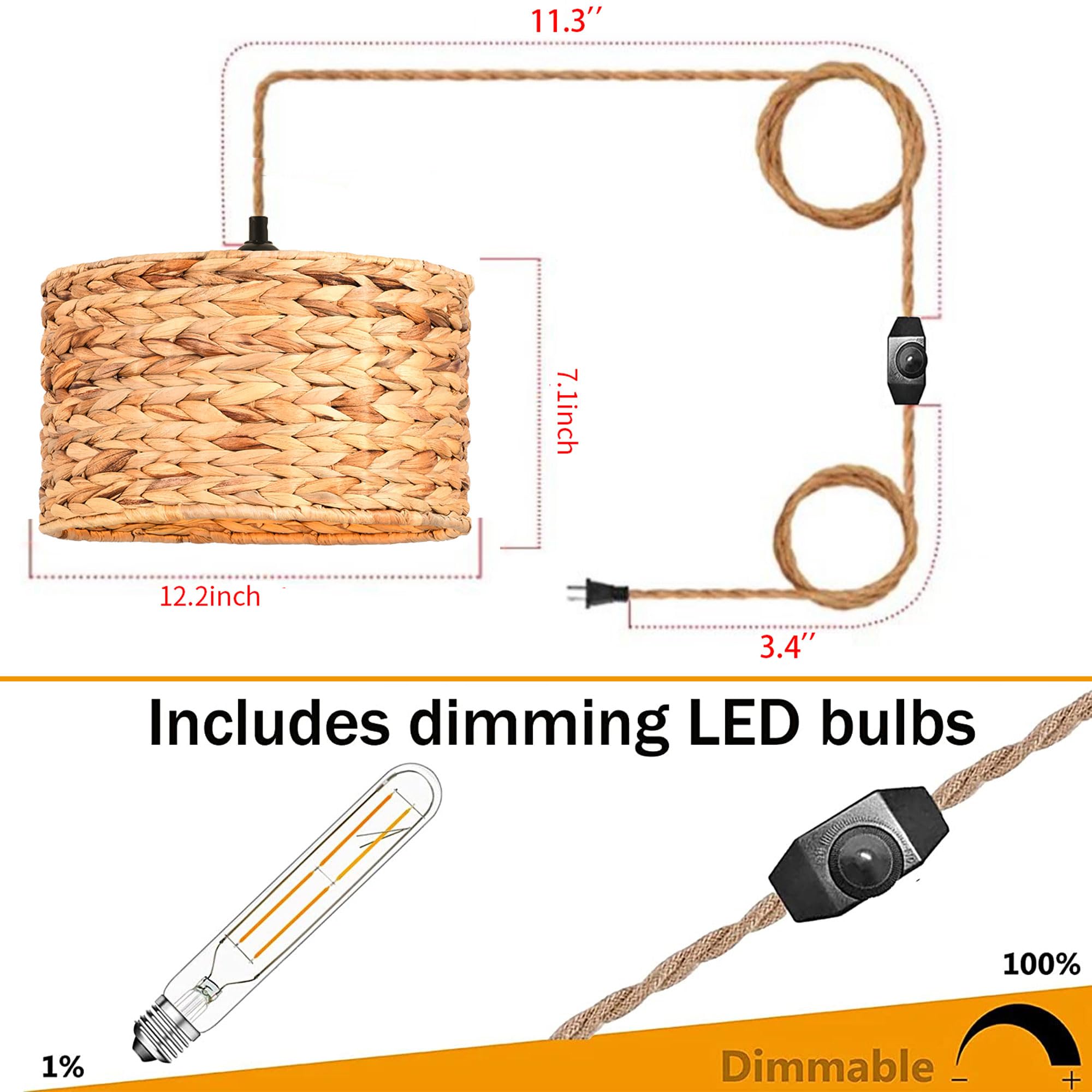 ZECOXOL Rattan Pendant Light - Boho Wicker Hanging Lamp with Dimmable Switch, 11.8" Metal, Straight Tube for Living Room & Bedroom