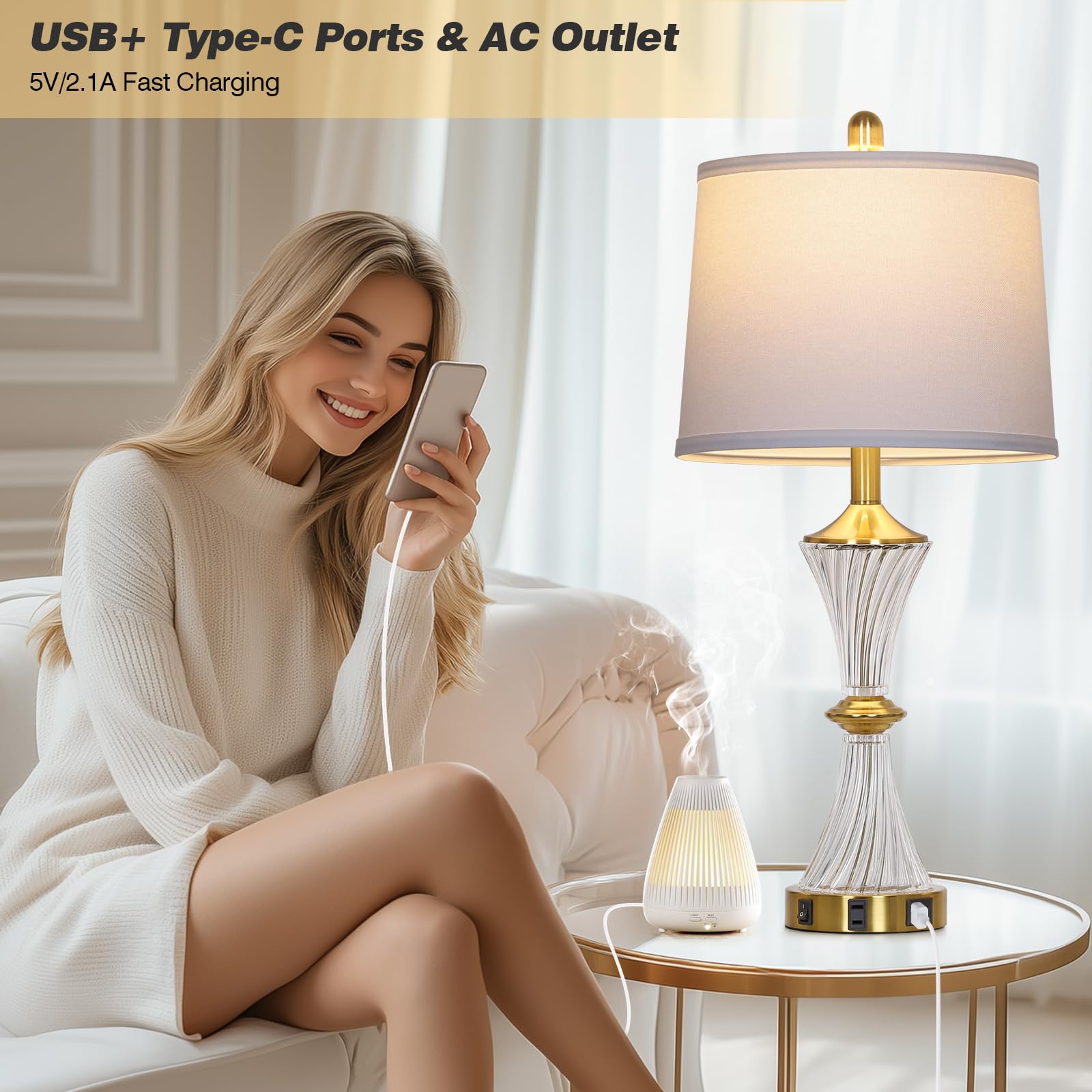 Rinweey Modern Crystal Glass Table Lamp Set of 2, Gold with USB Ports, Includes LED Bulbs, Ideal for Bedroom & Living Room
