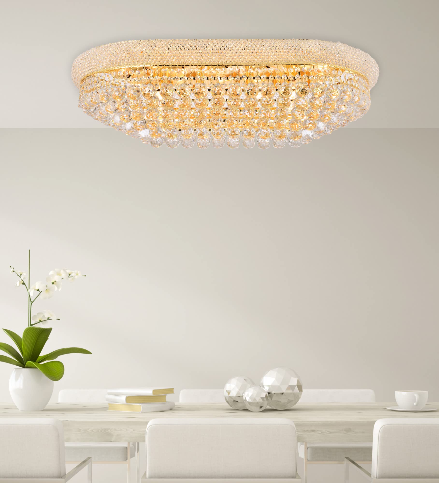 Elegant Lighting 18-Light Flush Mount Chandelier, Gold Finish, Clear Crystals, Model 1800F36SG/RC
