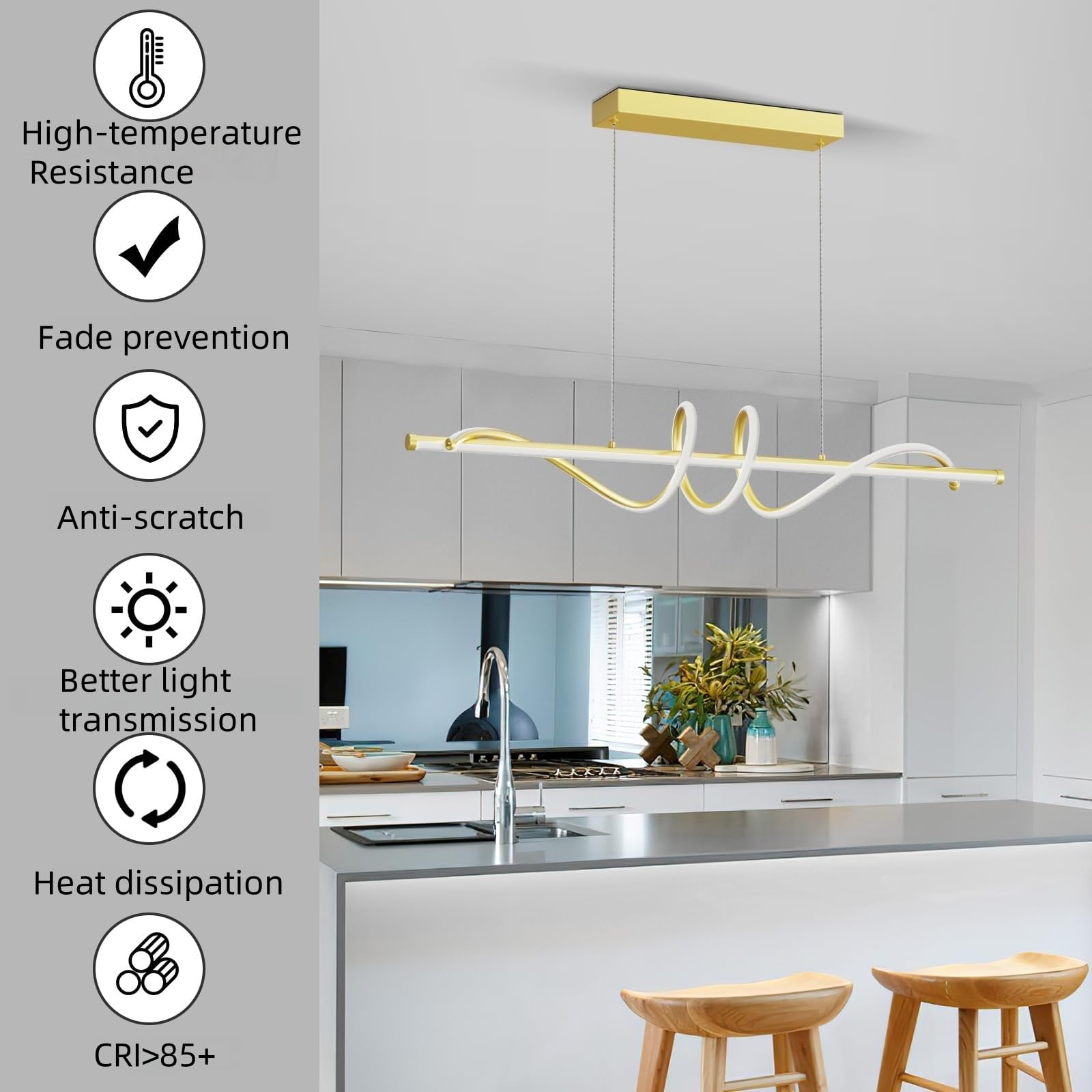 Zihoi Modern Pendant Light Fixture, 39in Aluminum LED Chandelier, Dimmable 3000K-6000K, A-Gold, Model LX