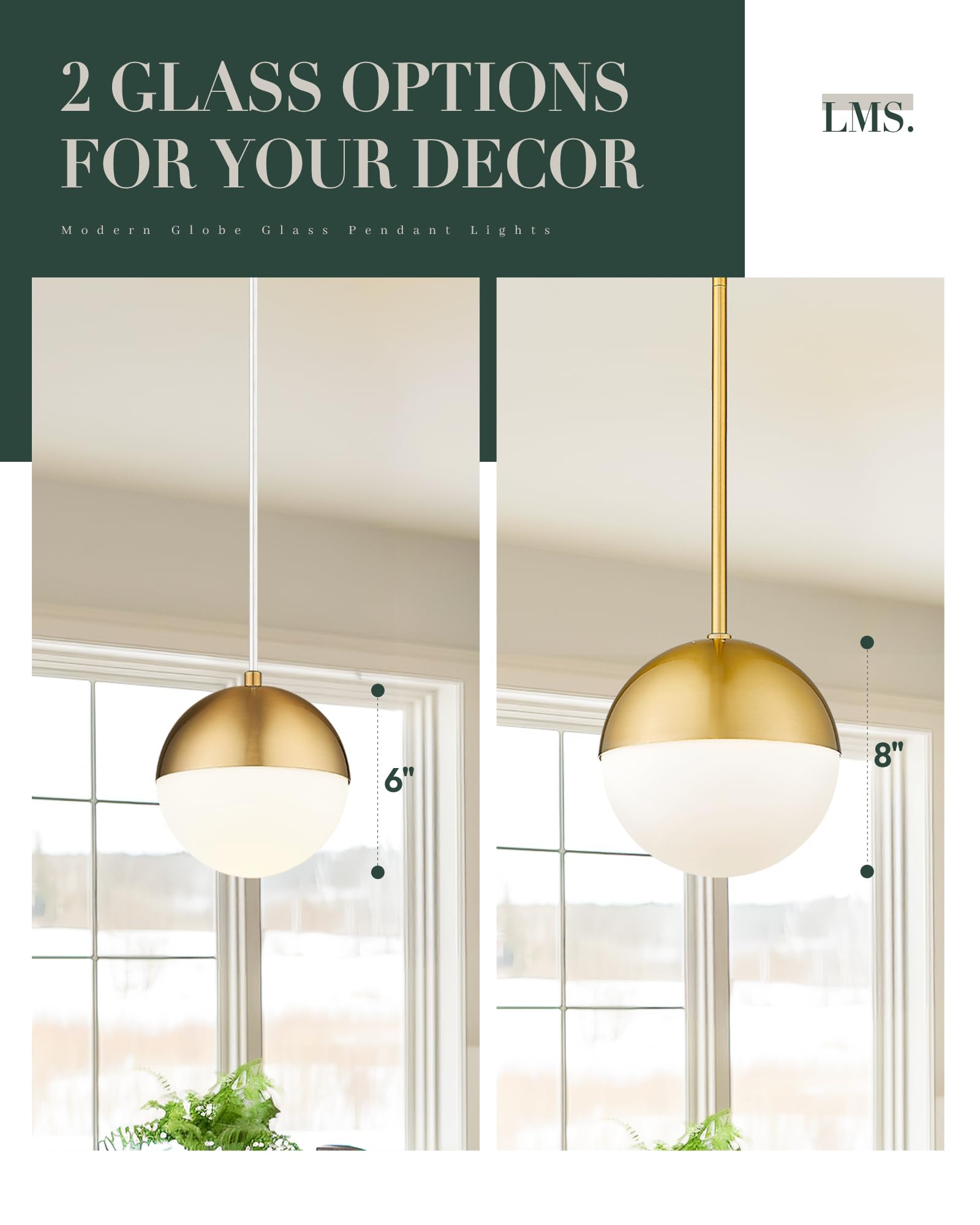 LMS Modern Gold Globe Pendant Light Fixture, 8" Glass Chandelier, Adjustable Indoor Lighting for Kitchen Island, Model LMS-187