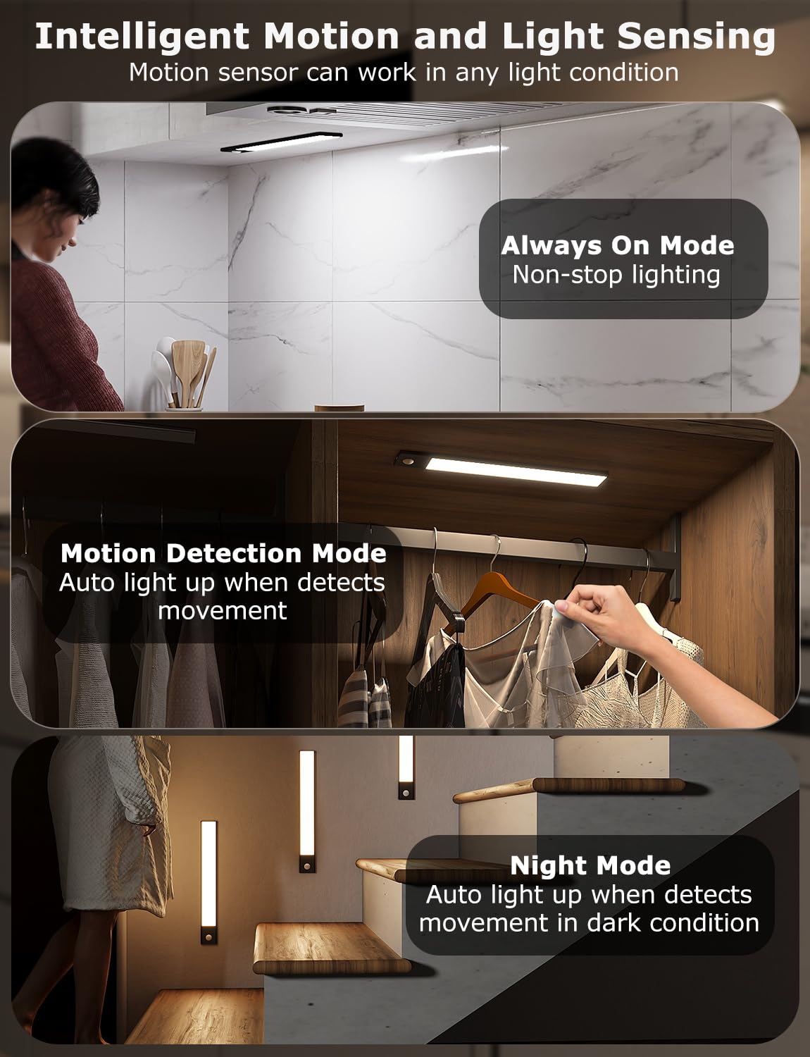 Skairipa 12in Thin Motion-Activated Under Cabinet Lighting, Aluminum, 2Pack, Black, Rechargeable, Magnetic, 3 Color Temps