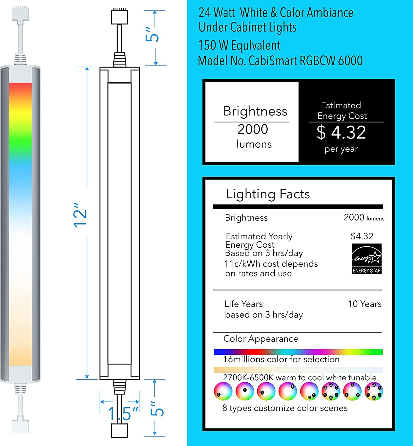 LAMPAOUS Smart Under Cabinet Lighting Strip, RGB Multi-Color, Dimmable, 6 Lights Bar Kit, White 2700-6500K Adjustable, Aluminum